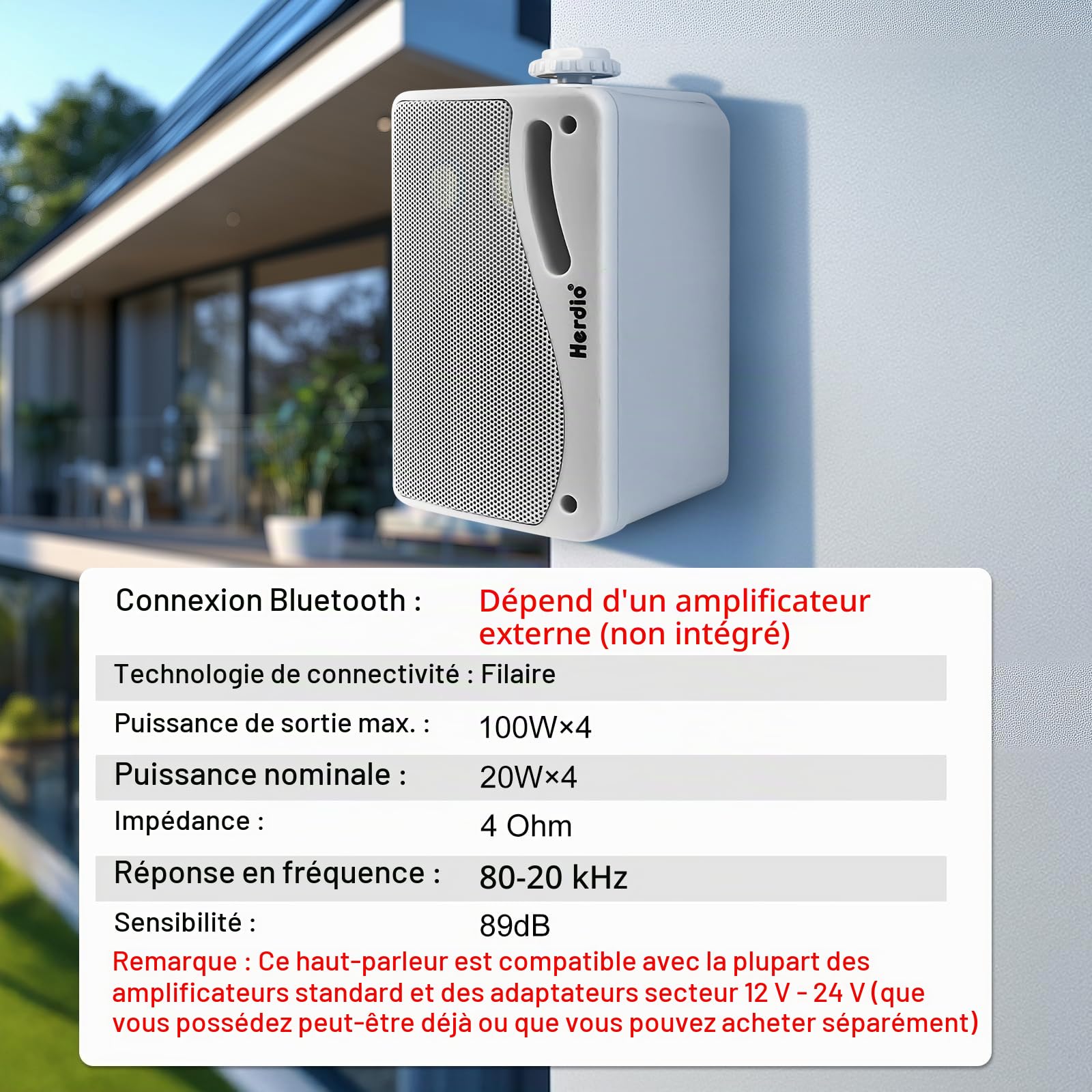 Herdio 3,5 Pouces Haut-parleurs extérieurs passifs câblés étanches murales, 400W Son supérieur, durabilité Tout Temps, pour Patio, Jardin, Bateau, Garage, intérieur de Maison (4-Pièces, Blanc)