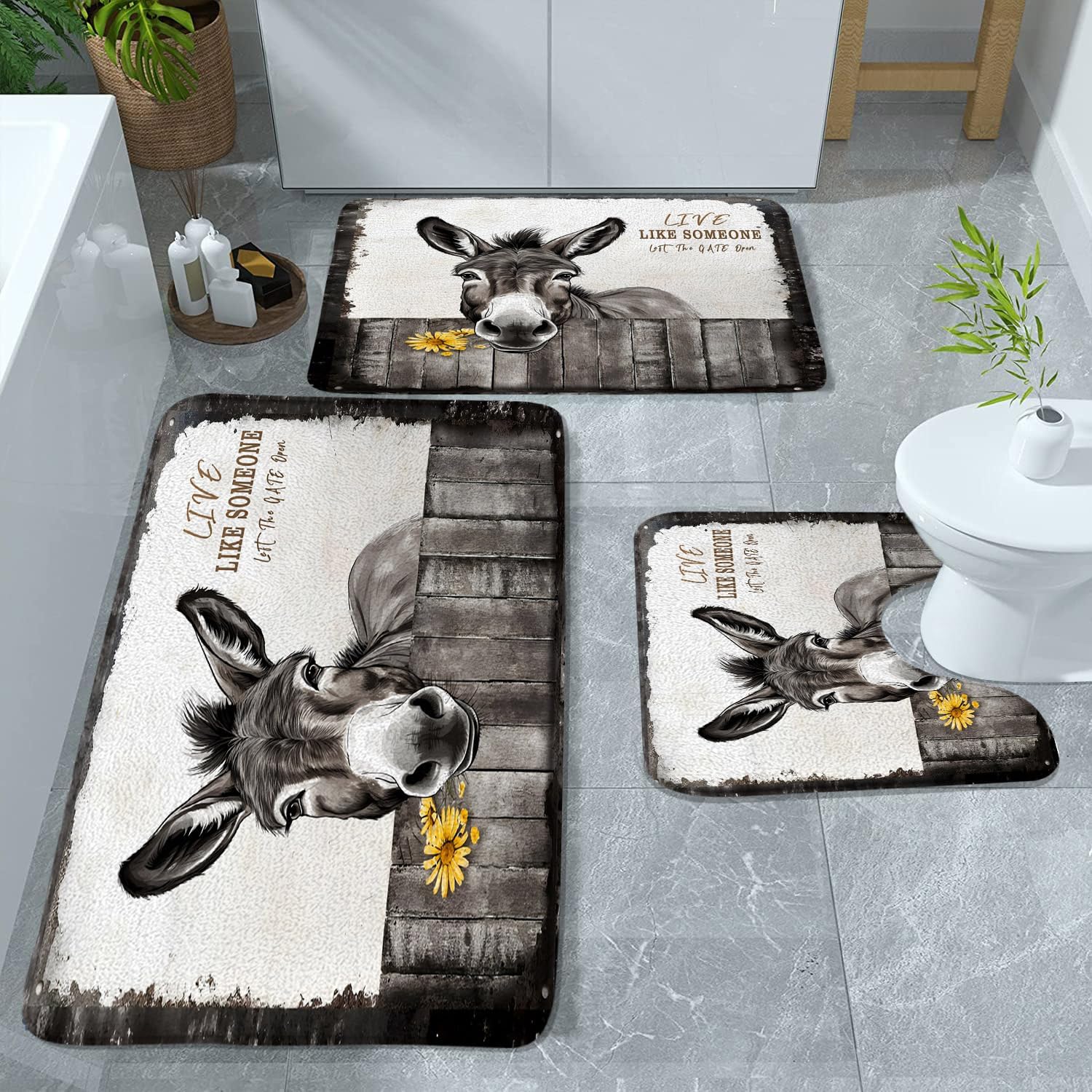 3 Piece Funny Donkey Bath Mat Farm Animal Bathroom Rugs Rustic Farmhouse Wood Board Western Country Vintage Barn Door Bathtub Floor Rugs Absorbent Doormat Toilet