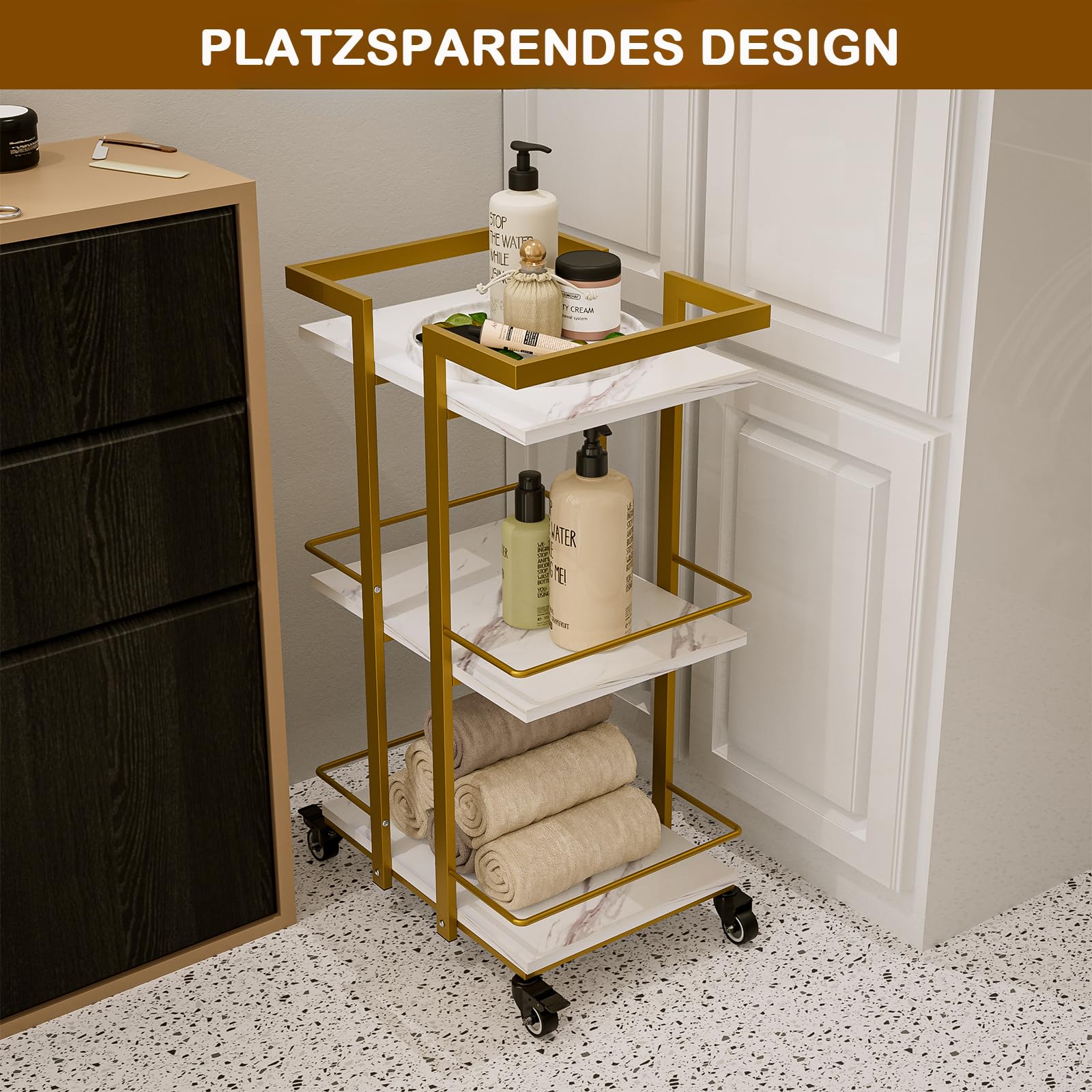 Icoget Chariot pour esthéticienne avec roulettes, chariot à 3 niveaux pour salon et beauté - Chariot de service mobile avec 3 tablettes pour les cils, studio de manucure, spa, tatouages, soin du