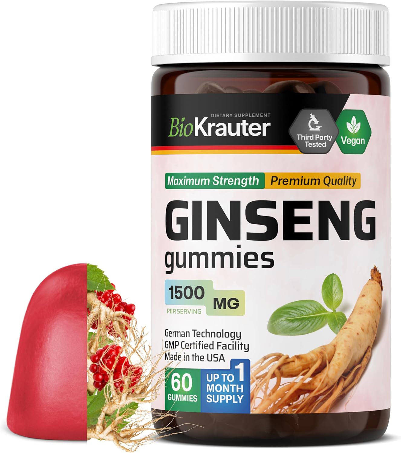 BIO KRAUTER Panax Ginseng Gummies – 1500 mg Strength – 60 Count – Chewable Red Ginseng Supplement – Immune Support Gummies – Vegan, Pectin-Based, Non-GMO
