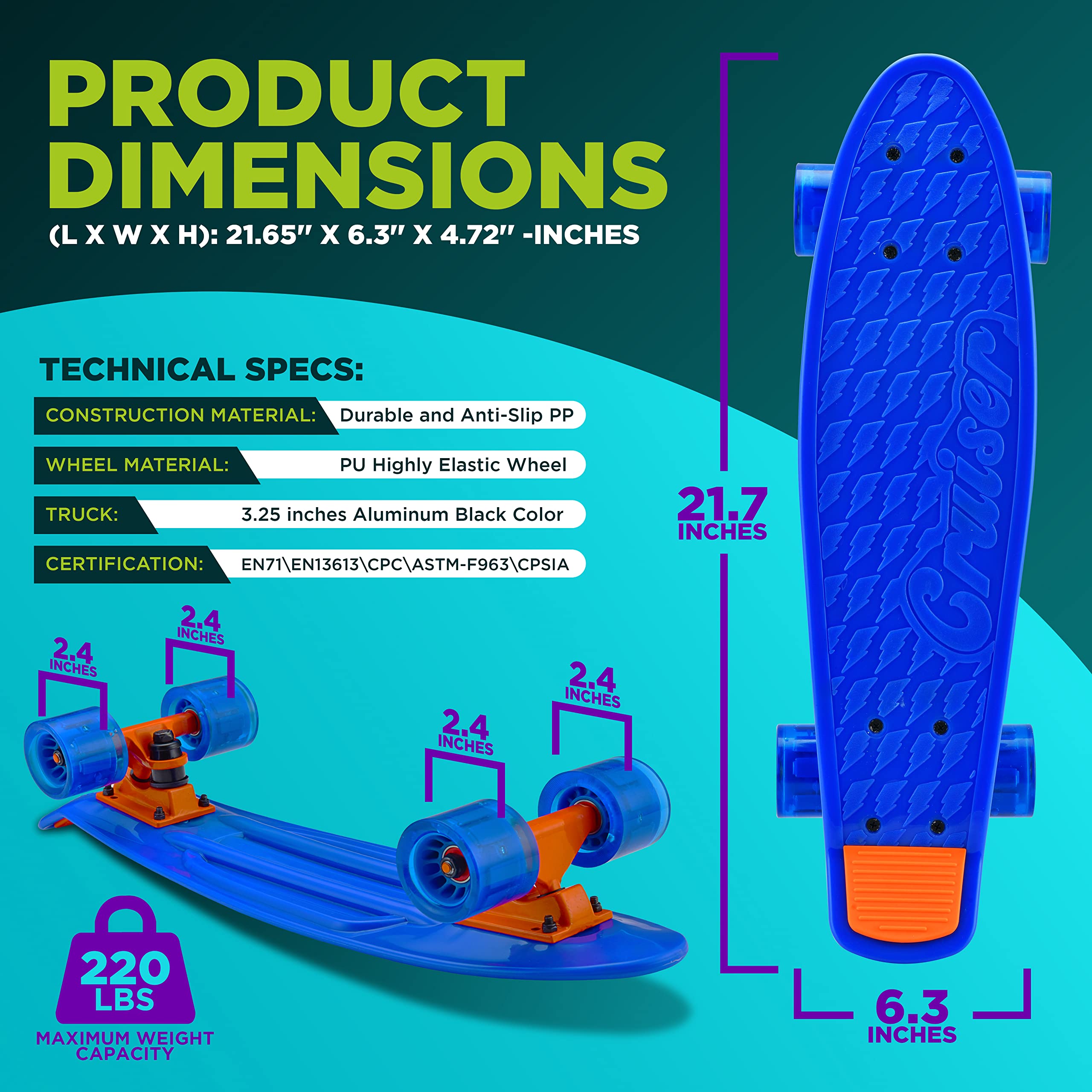 Standardowa deskorolka mini cruiser - 15 cm PP Deck Complete Double Kickboard z ciężarówką ze stopu aluminium 8,3 cm, koła PU ze światłem LED, dla dzieci, nastolatków, dorosłych