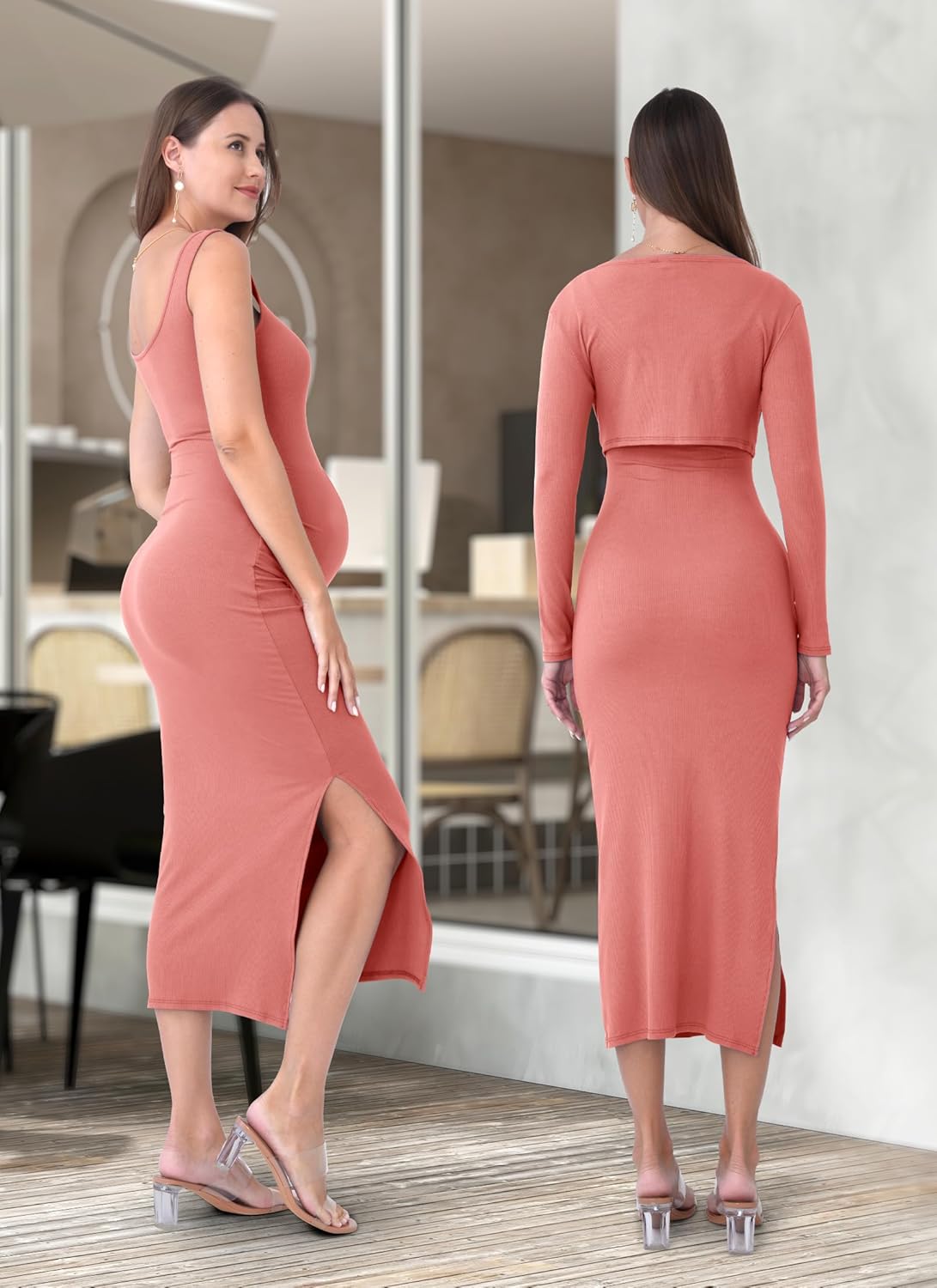 2 PCS Maternity Dress Short Cardigan Bodycon Maxi Formal Dresses Baby Shower Fall Winter for Women - Image 3