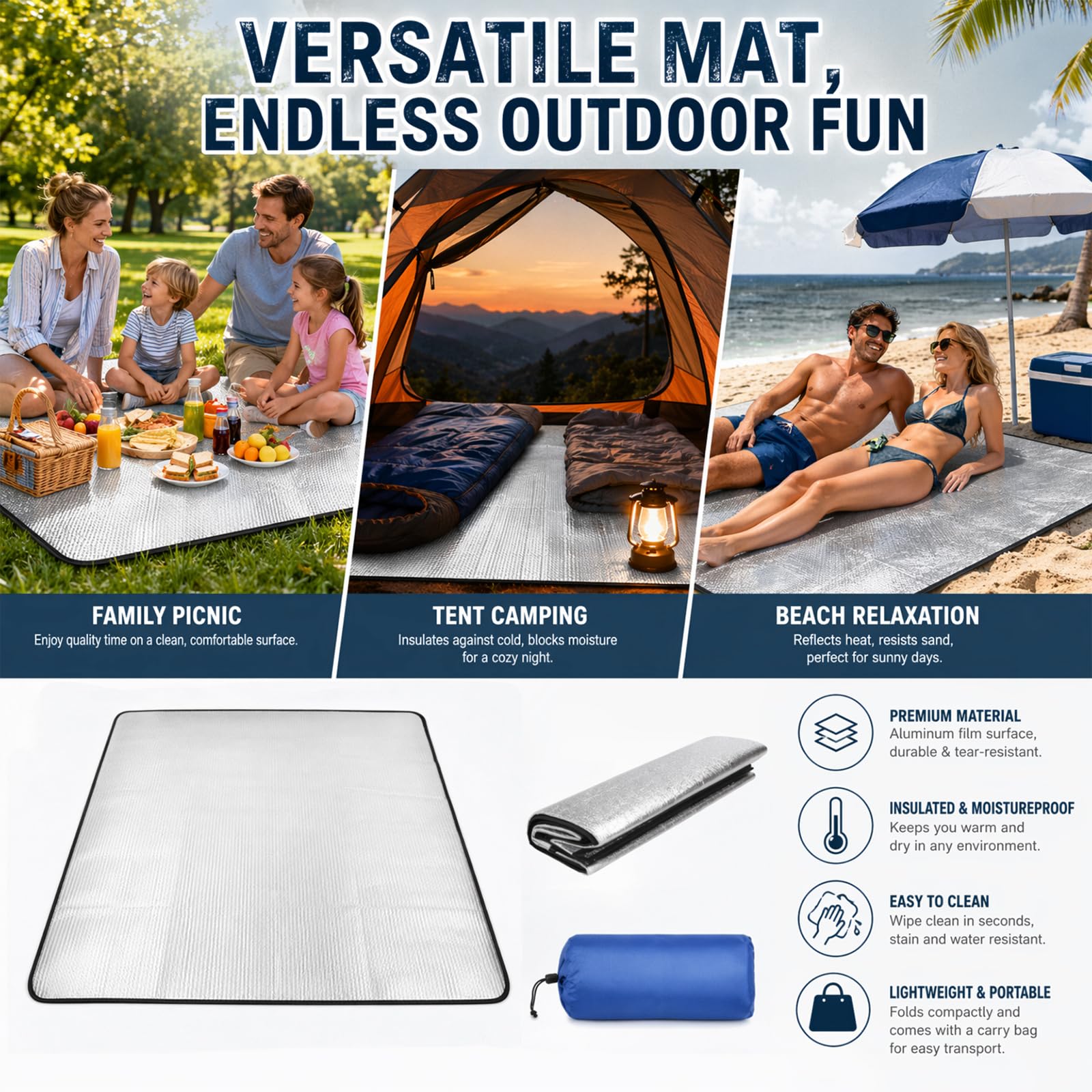 Alu Isomatte Schaummatten Schlafmatte für Camping Isoliermatte Isolierdecke Faltbare Zeltmatte Bodenmatte Thermomatte Matte aus Aluminiumfolie, 200 X 200 cm