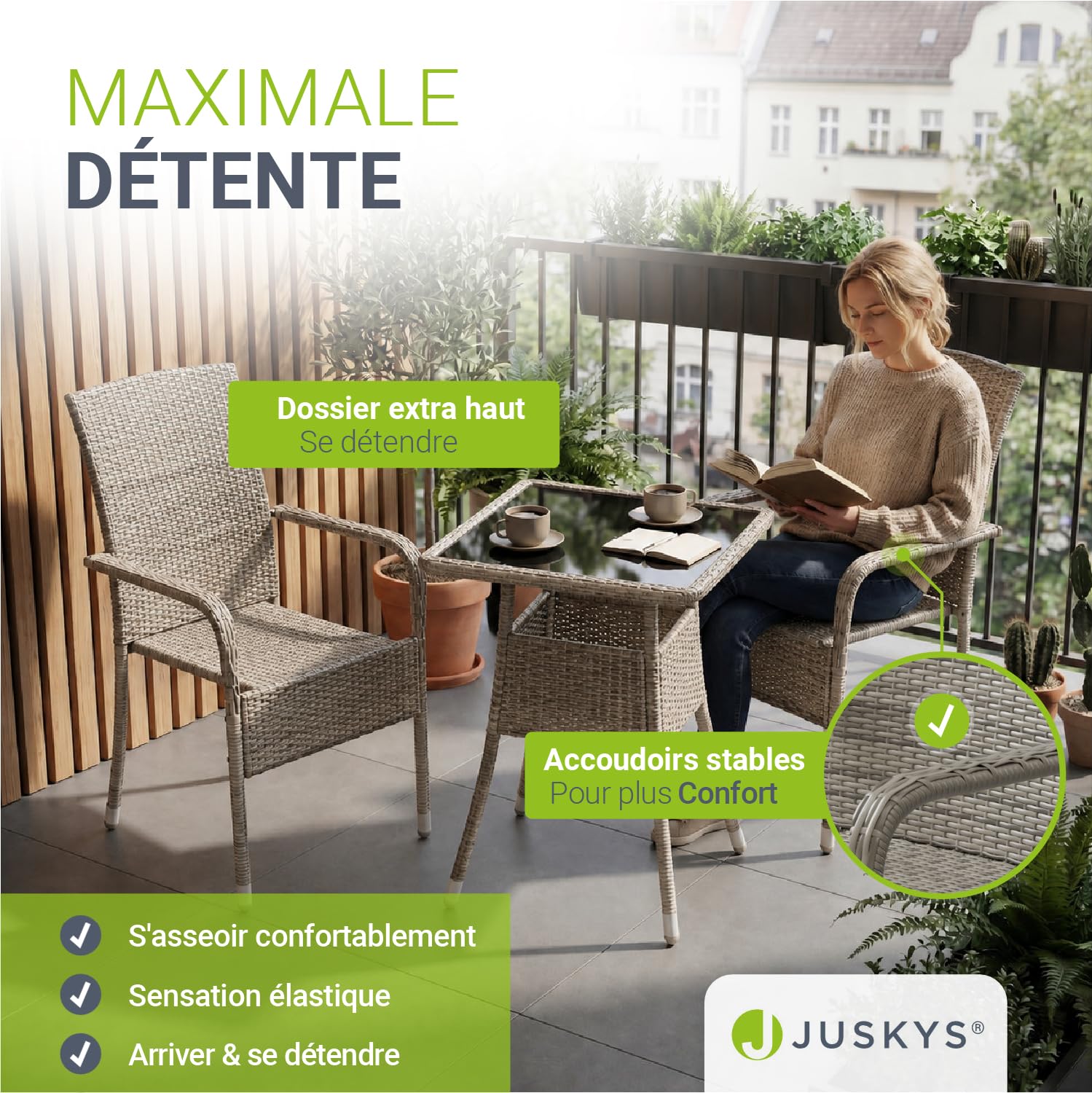Juskys Ensemble de 4 chaises de Jardin Yoro en rotin avec accoudoirs et Dossier - 4 chaises empilables - Chaise en rotin pour Le Jardin - Chaise empilable Chaise de Balcon Gris chiné