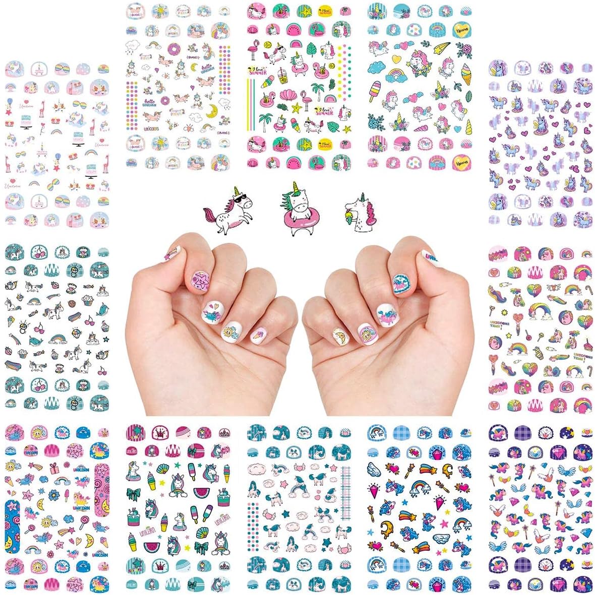 Small Unicorn Nail Stickers and Decals for Kids Little Girls 12 Sheets Birthday Party Favors, 600+ Cute Toddler Tiny Fingernail Wraps, Easter Basket Filler, Christmas Holiday Gift