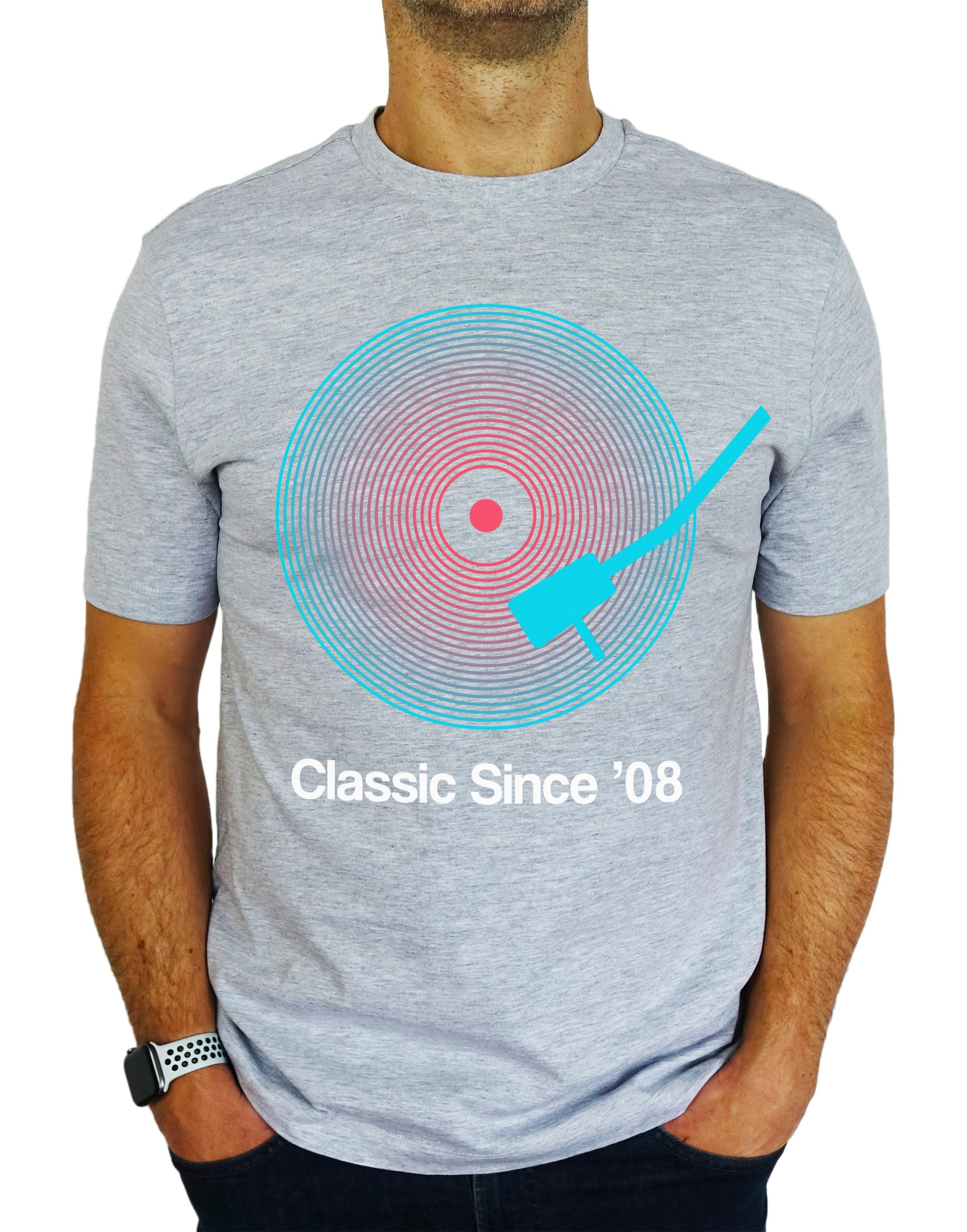 My Generation Gifts Men's Heather 2008 Vinyl Record Neon - Classic Since - 18Th Birthday Gift | Present T-Shirt M