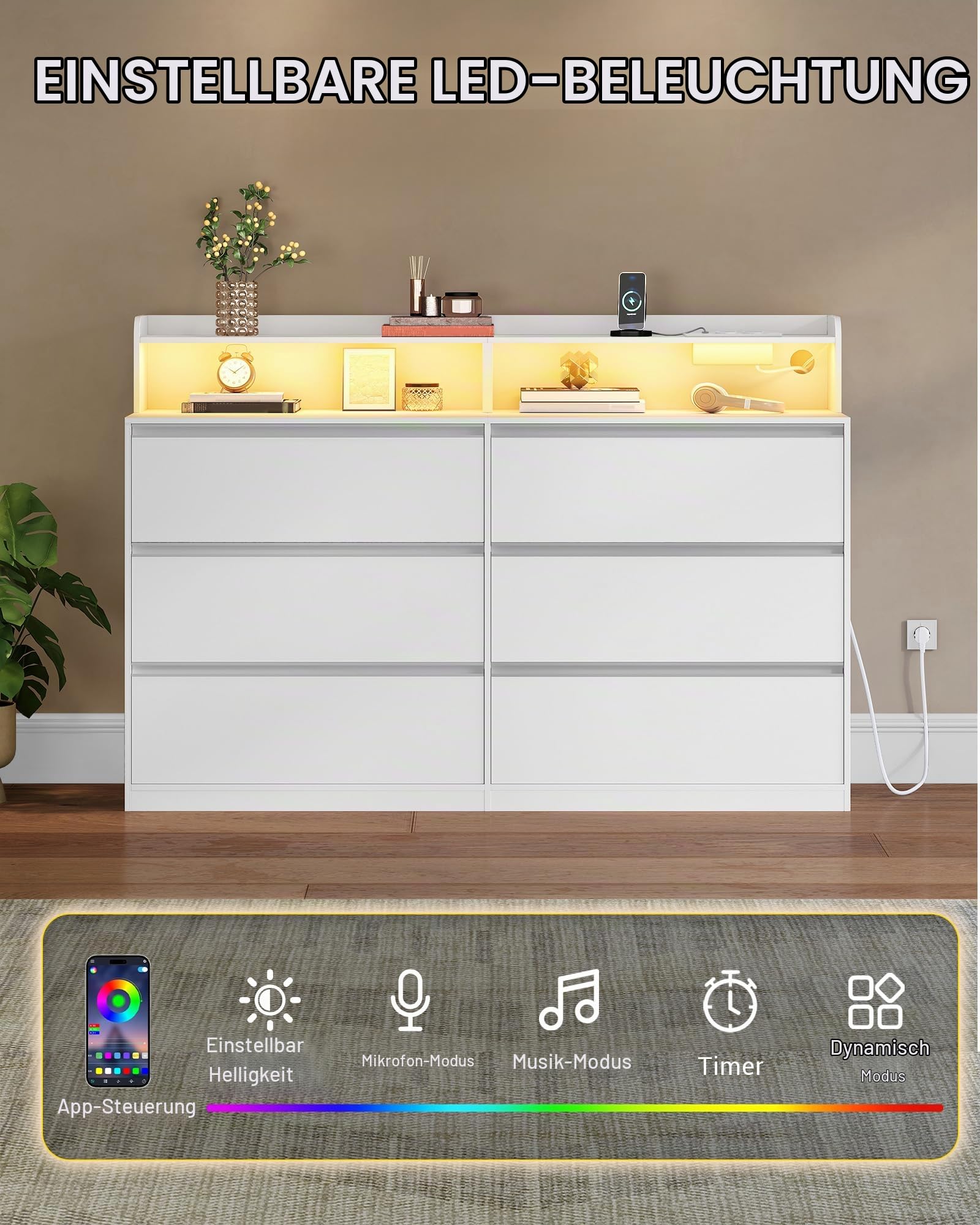 Hzuaneri Kommode mit LED-Beleuchtung, 6 Schubladen, 40 x 140 x 95 cm, Weiß | Moderner Seiten-Schrank, Mehrzweck-Aufbewahrungsmöbel für Schlafzimmer, Wohnzimmer, Eingangsbereich, 1214003XEU