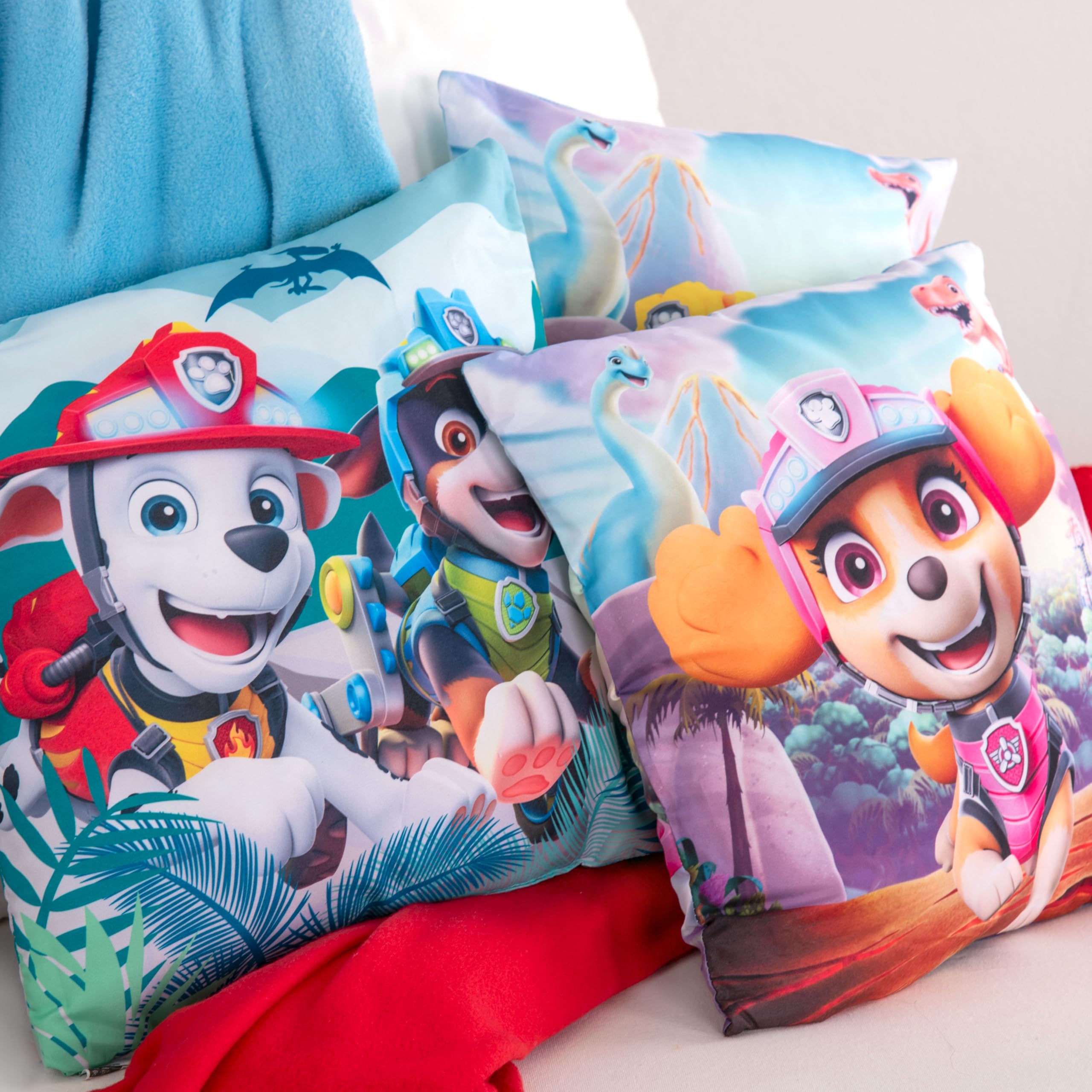 Herding PAW Patrol Dino Rescue - Set da 3 cuscini decorativi e morbidi, da coccole, per bambini, 100% poliestere, 40 x 40 cm