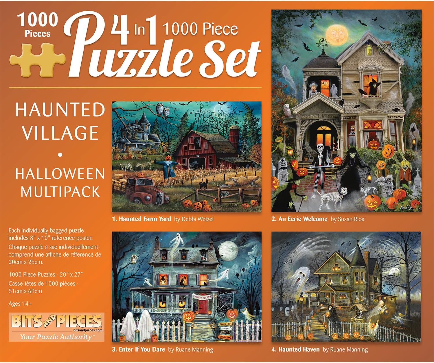 Bits and Pieces 1000 Piece Puzzles for Adults - Large 20" x 27" Jigsaw Puzzles 1000 Pieces Halloween Puzzles - Haunted House Farm, No 2 Pieces Alike, Haunted Village 4 Puzzle Multikpack