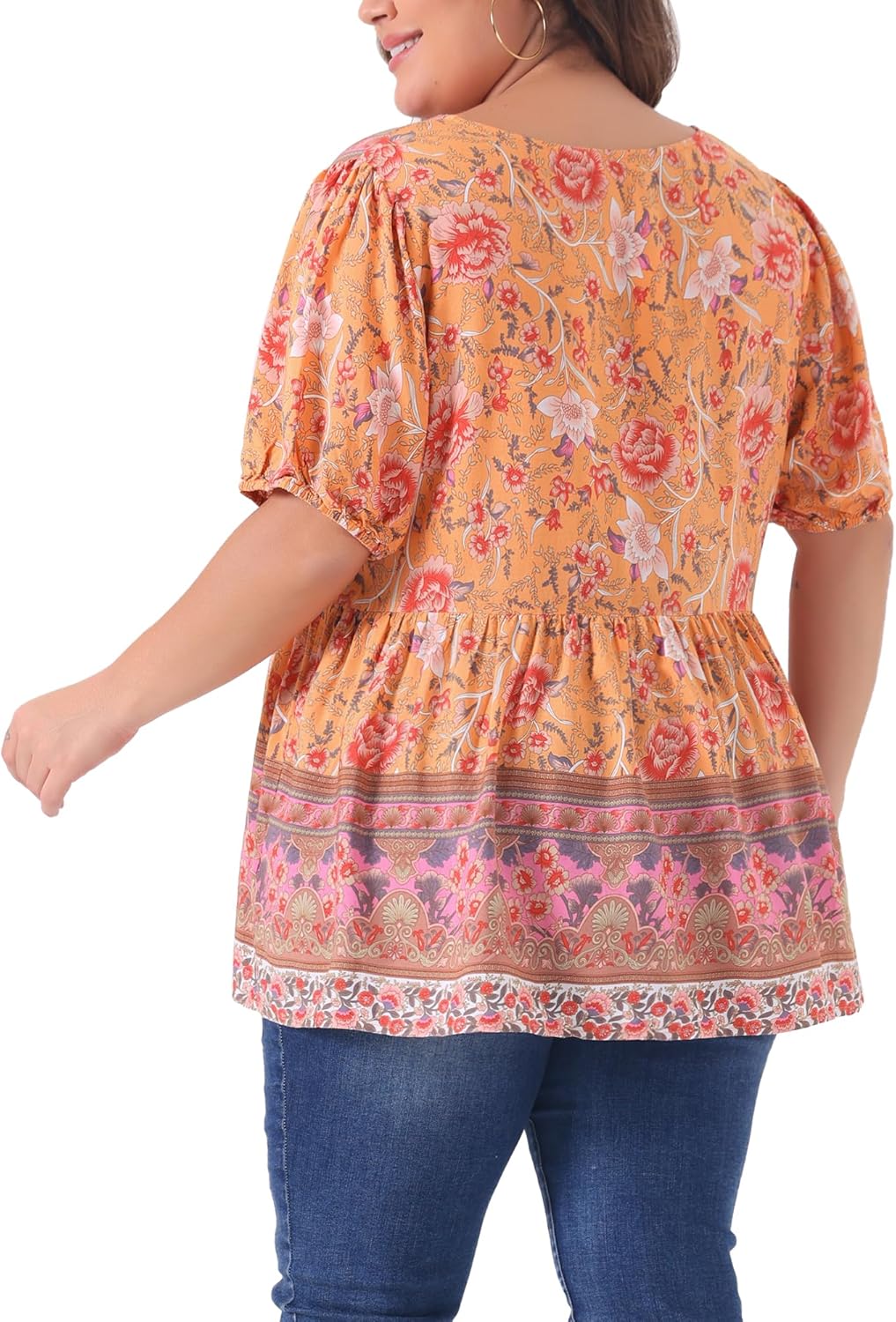 Agnes Orinda Plus Size Boho Tops for Women Floral Print V Neck Short Sleeve Summer Shirts Peplum Loose Blouses - Image 4