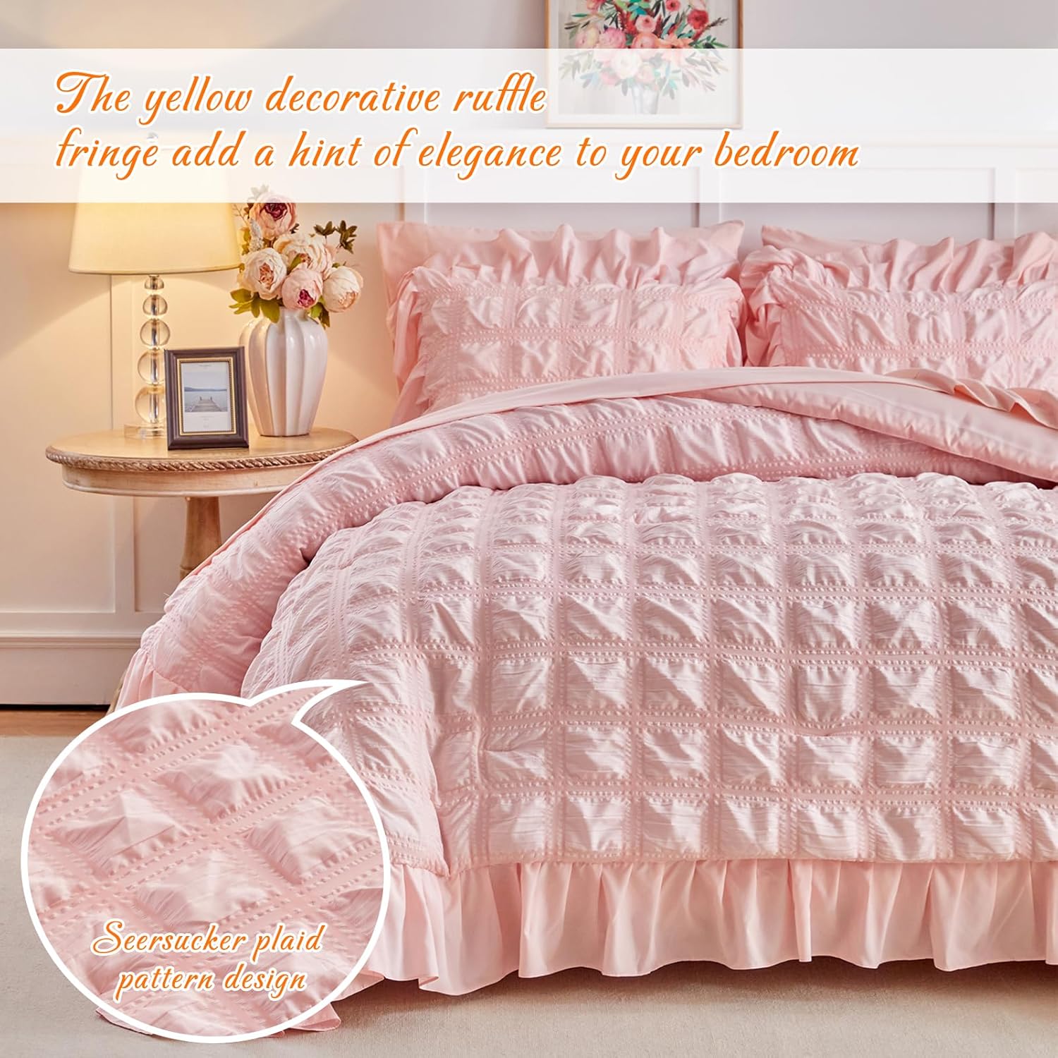 Tititada Blush Pink Plaid Seersucker Comforter Set with Ruffled Fringe Twin Size, 3 Pieces Soft Fluffy Farmhouse Bedding Set for All Season, Twin Bed Set with Ruffle Shams (Blush Pink, Twin) - Image 3