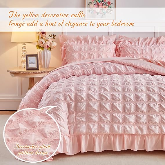 Tititada Blush Pink Plaid Seersucker Comforter Set with Ruffled Fringe Twin Size, 3 Pieces Soft Fluffy Farmhouse Bedding Set for All Season, Twin Bed Set with Ruffle Shams (Blush Pink, Twin)