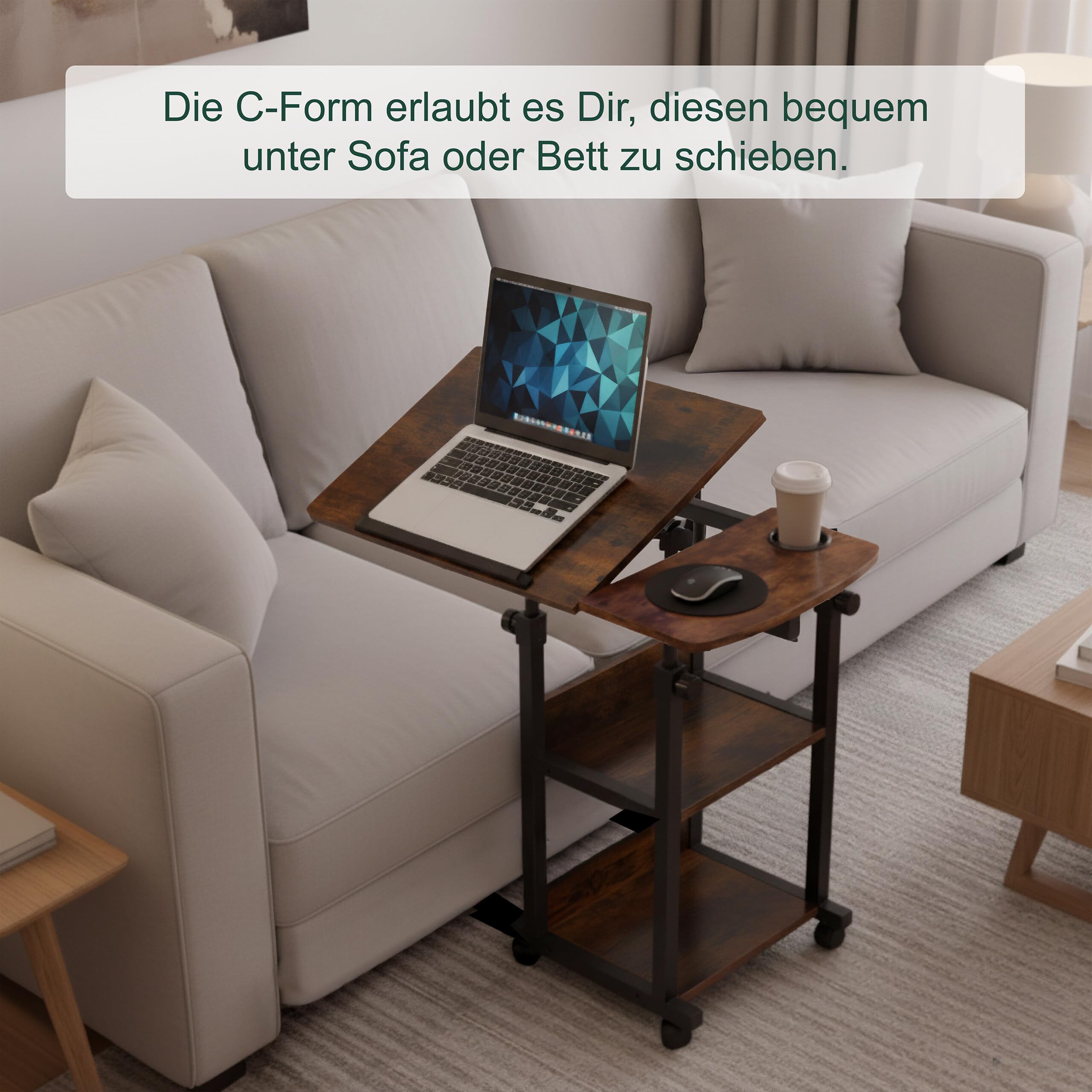 Relaxdays Laptoptisch, 63–90 cm höhenverstellbar, neigbar, Beistelltisch mit Rollen, 2 Ablagen, C-Form, braun/schwarz
