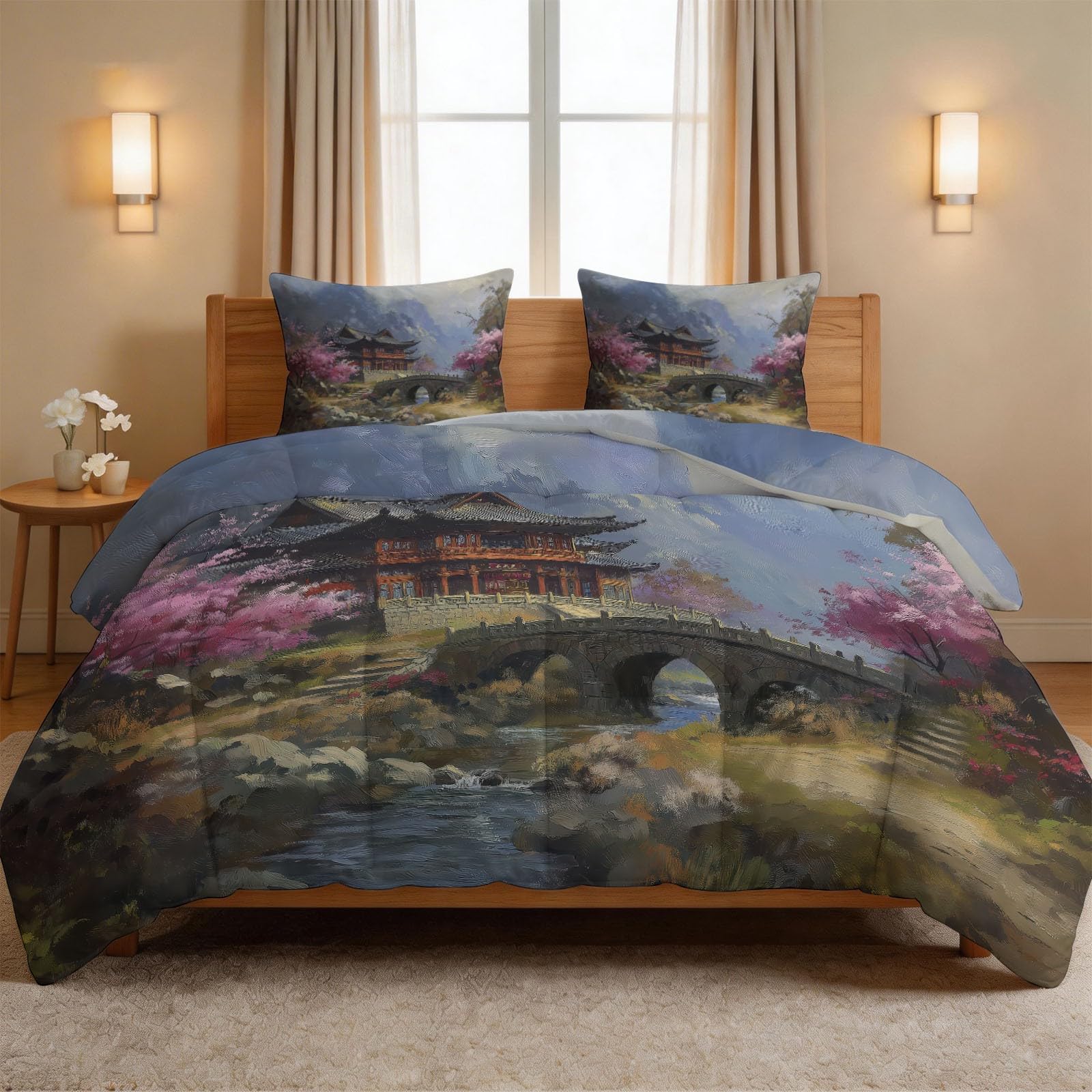 Couette sans housse 200x200 pour chambre zen esprit pavillon asiatique et arbre traditionnel