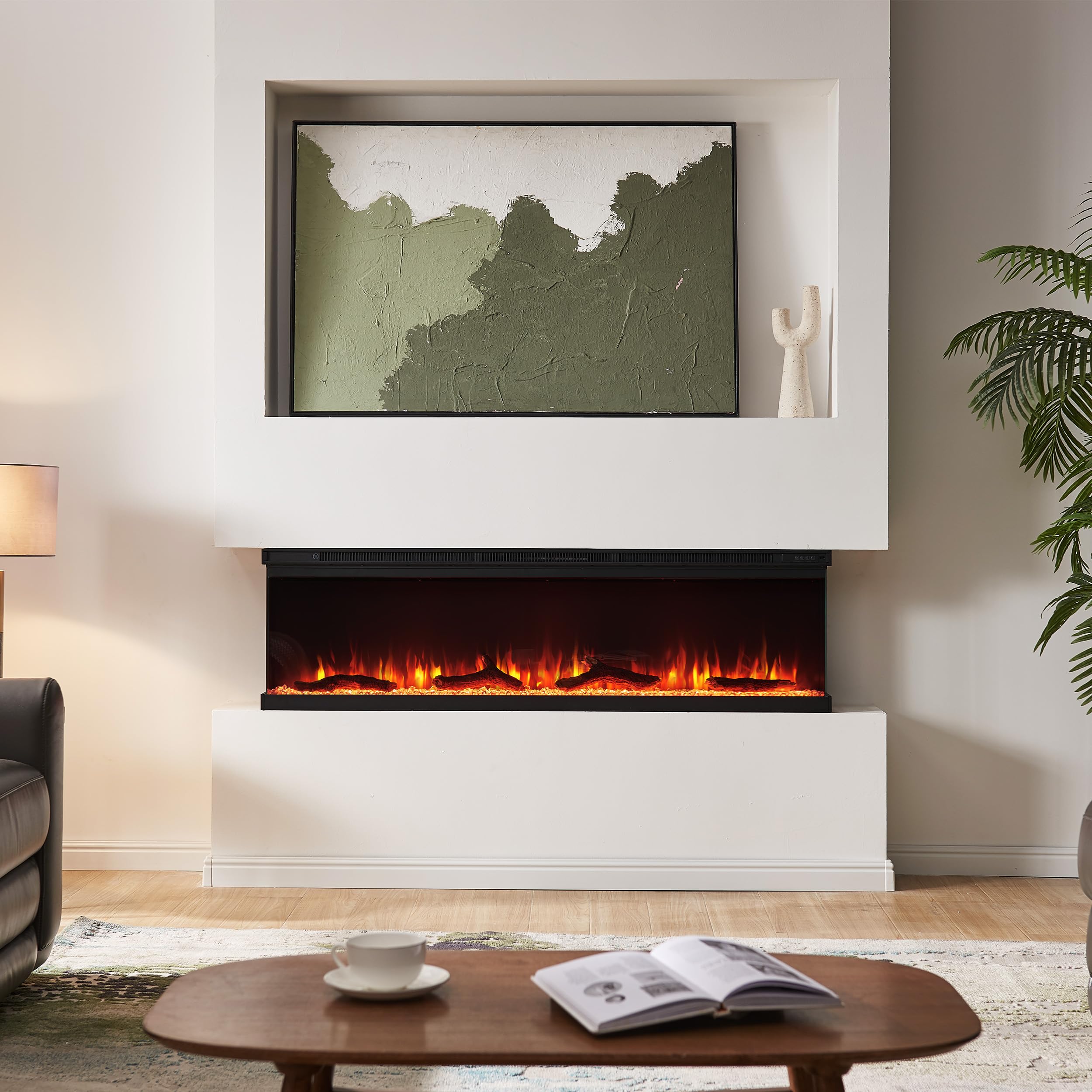 BALDERIA Camino elettrico Orson | Camino elettrico da parete/incasso, effetto fiamma LED 3D, dimmerabile, camino con riscaldamento da 1800 W di potenza, timer (60")