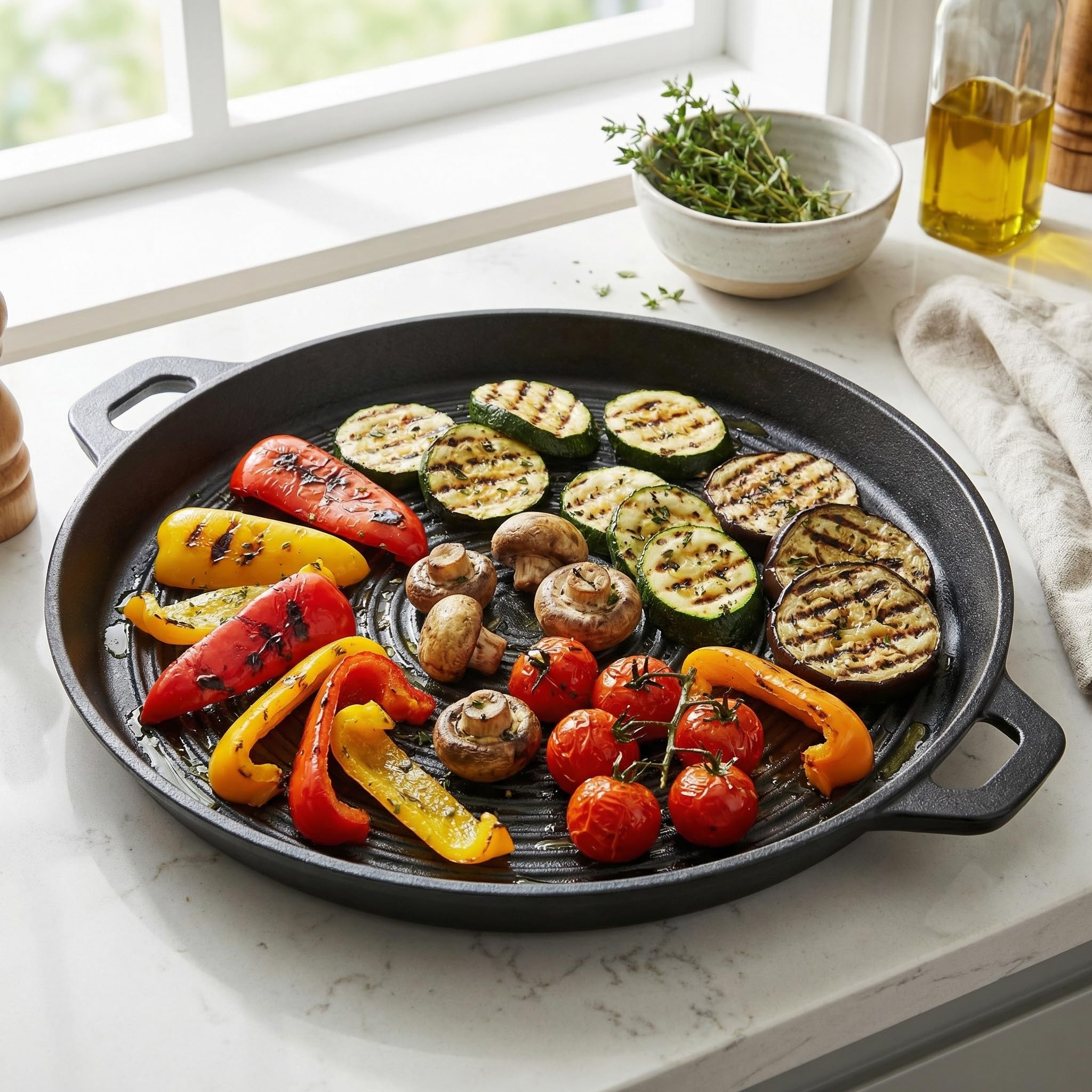 MIJOMA Sartén parrilla de 40,5 cm – para carne, verduras y barbacoas – Hierro fundido con estructura acanalada – Sartén redonda con asas para cocina horno y barbacoa