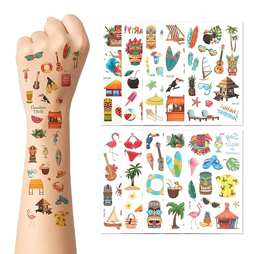 Tatuajes temporales hawaianos para niños, 20 hojas, 262 unidades, impermeables, tatuajes de verano, tatuajes falsos de verano, bolsas de regalos