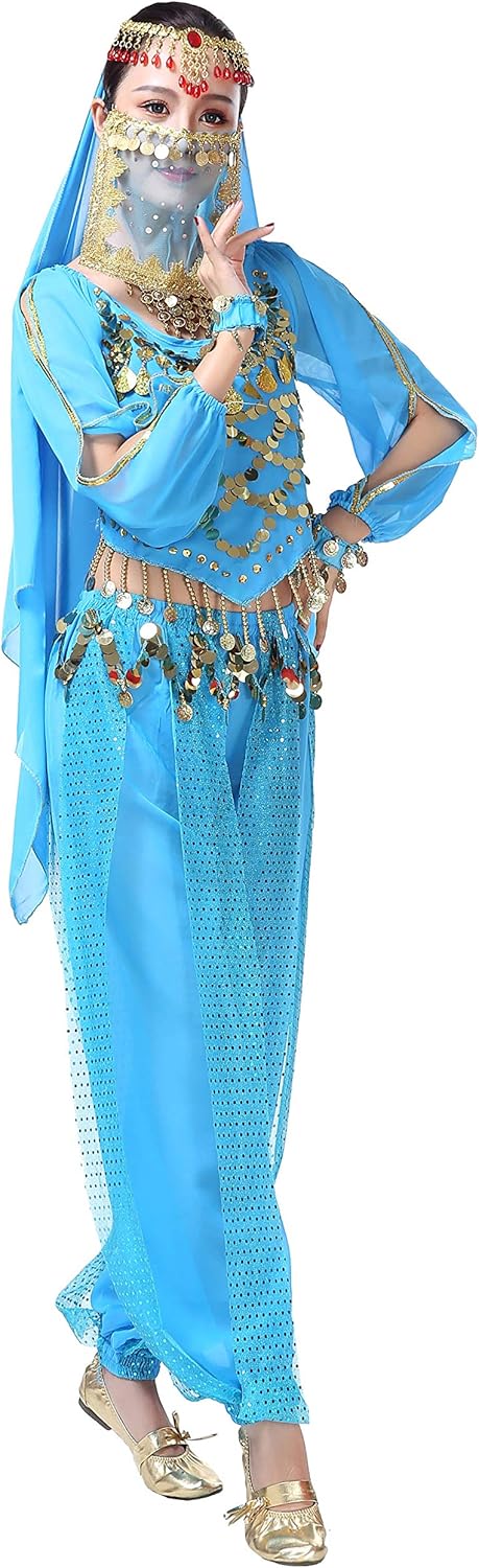 Lauthen.S Women Belly Dance Outfit Coins Top Pants Face Veil Set Halloween Costume - Image 4
