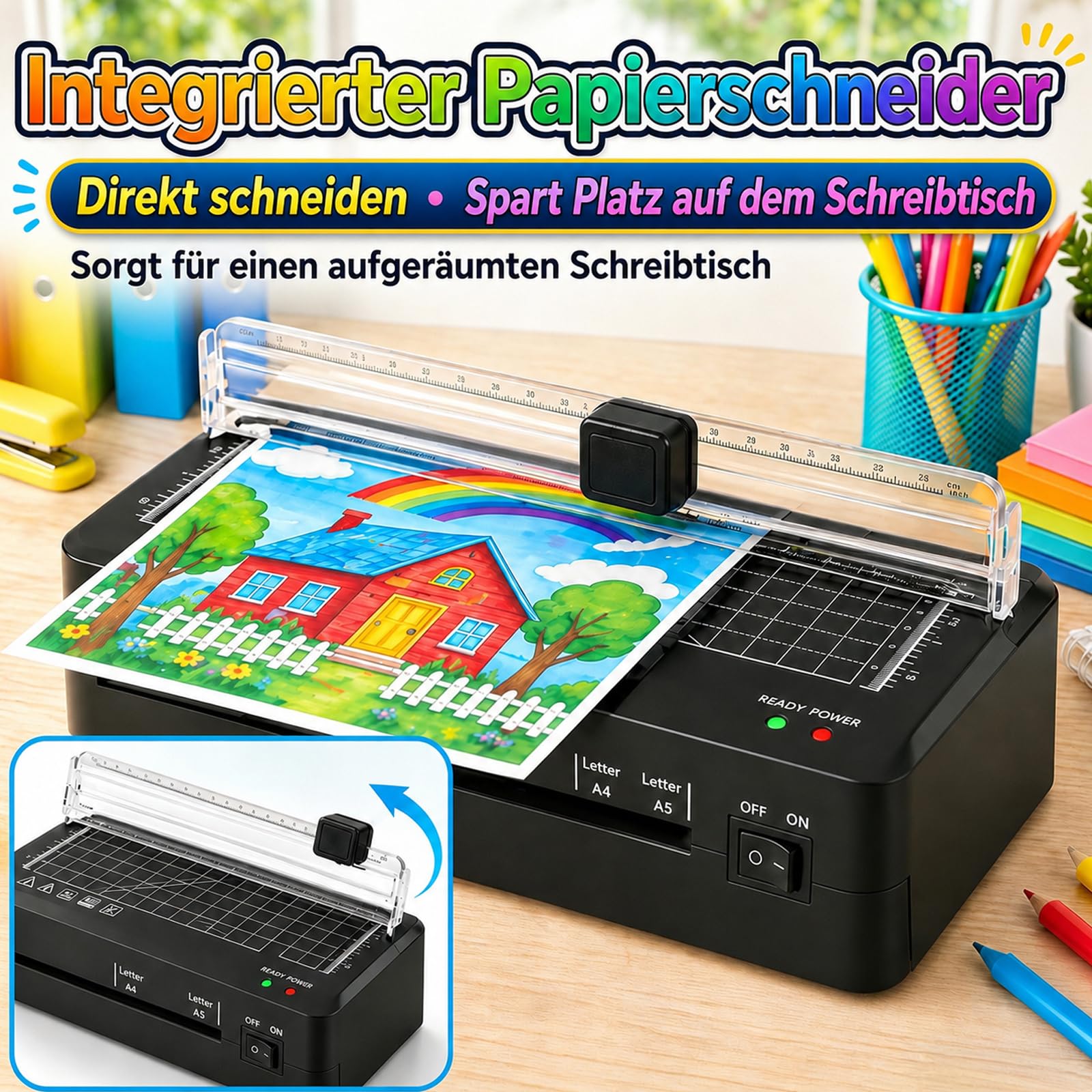 Laminator, Laminator A4 Szybkie nagrzewanie 70 s | Kontrola temperatury NTC, zintegrowany nóż, funkcja ABS zapobiegający zakleszczeniu, przenośny do szkoły, biura i domu