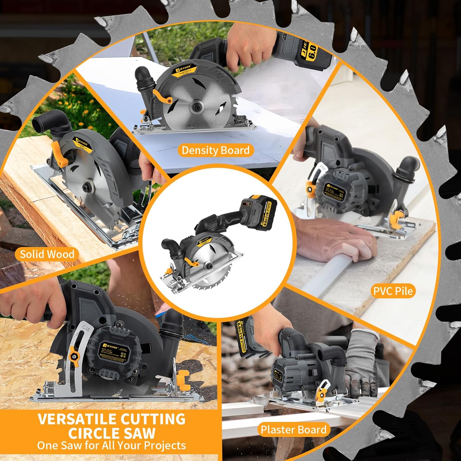 JEXUGK 6-1/2" Circular Saw, Cordless Sierra Circular Inalambrica with 2 x 6.0AH Battery,Brushless Electric Power Circle Saw with 3 Blade Cutting Precise Wood for Max Cut Depth 2-1/4"(90°)1-7/16" (45°)