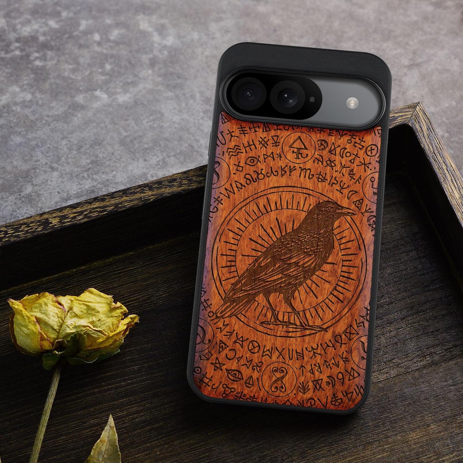 Carveit Wood Case for Pixel 9 Case [Natural Wood & Black Soft TPU] Shockproof Protective Unique Wooden Cover Compatible with Google Pixel 9 (The Haloed Crow-Rosy)