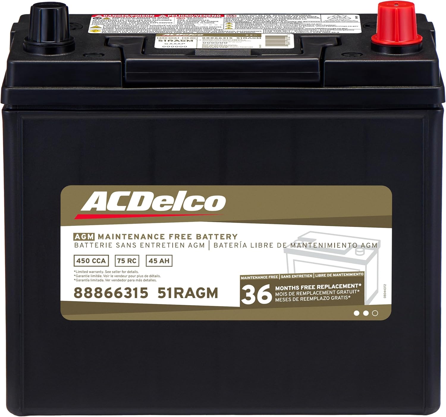 ACDelco Gold 51RAGM AGM Battery Group 51R (88866315) - 36 Month Warranty, Spill-Proof Power for Start/Stop Vehicles