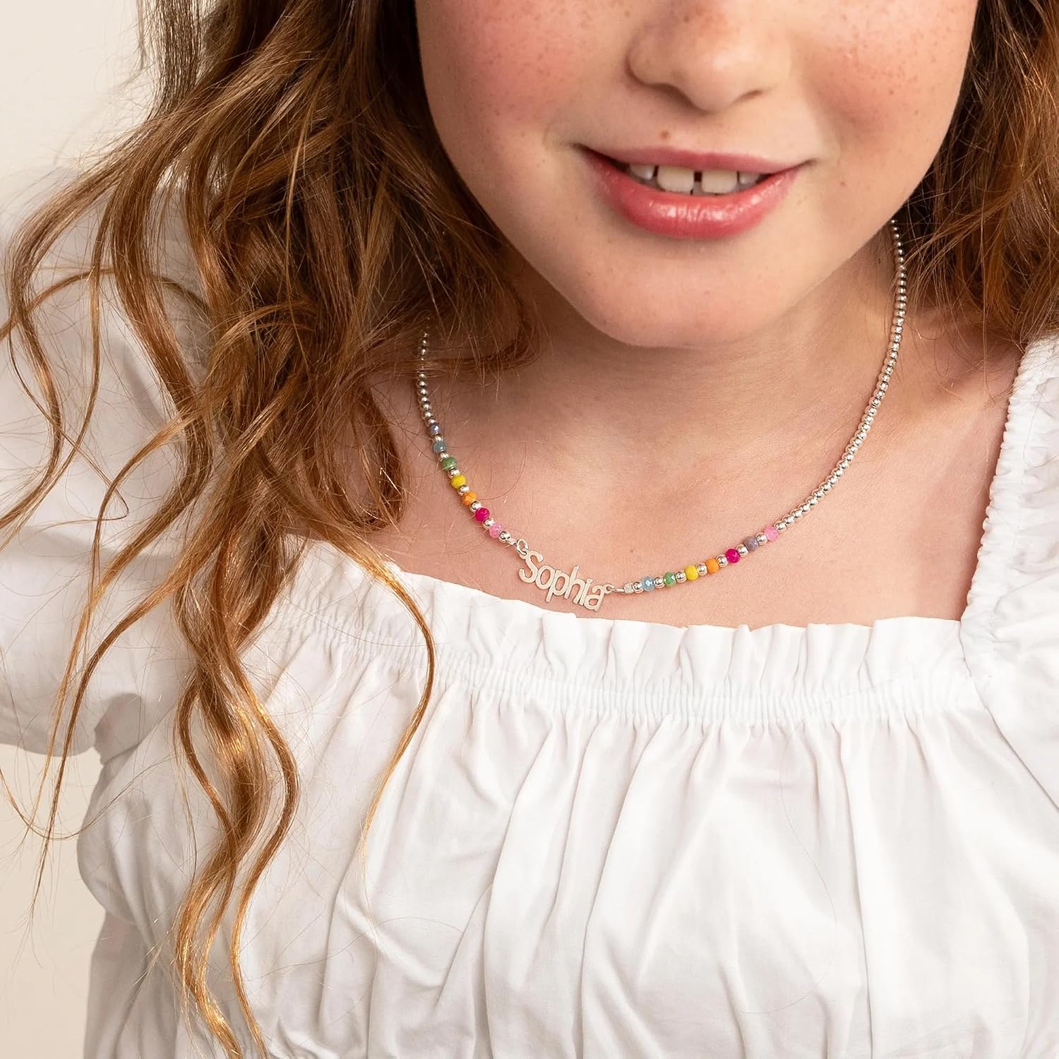 MyNameNecklace Personalized Rainbow Bead Necklace for Her with Name - With Colorful Beads - Custom Nameplate with Stars - Jewelry for Birthday, Christmas