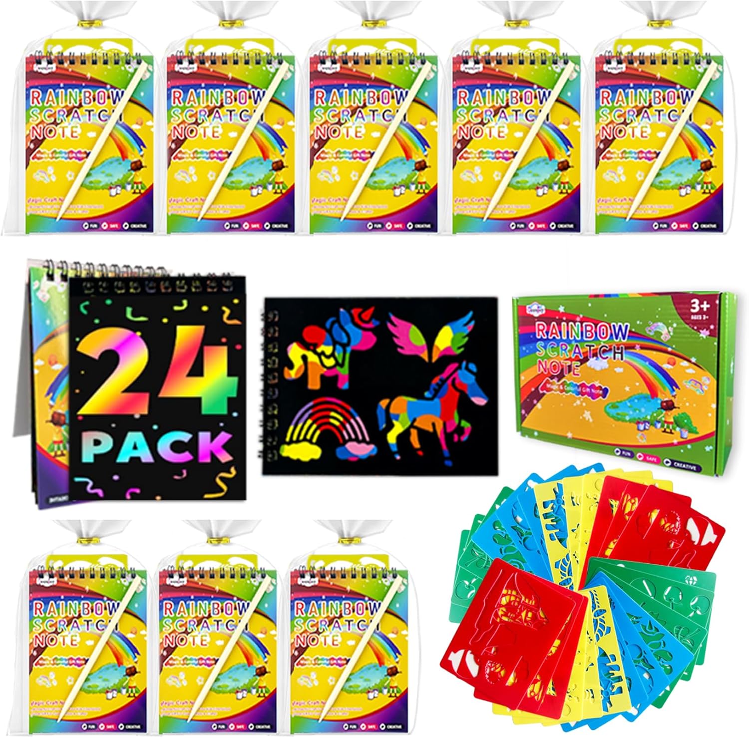 Decojoy Party Favors for Kids 4-8, Scratch Art Birthday Return Gifts, Bulk Rainbow Scratch Paper Notebook 24 Set with Reusable Stencils, Christmas Goodie Bags Stuffers for Girls Boys School Classroom