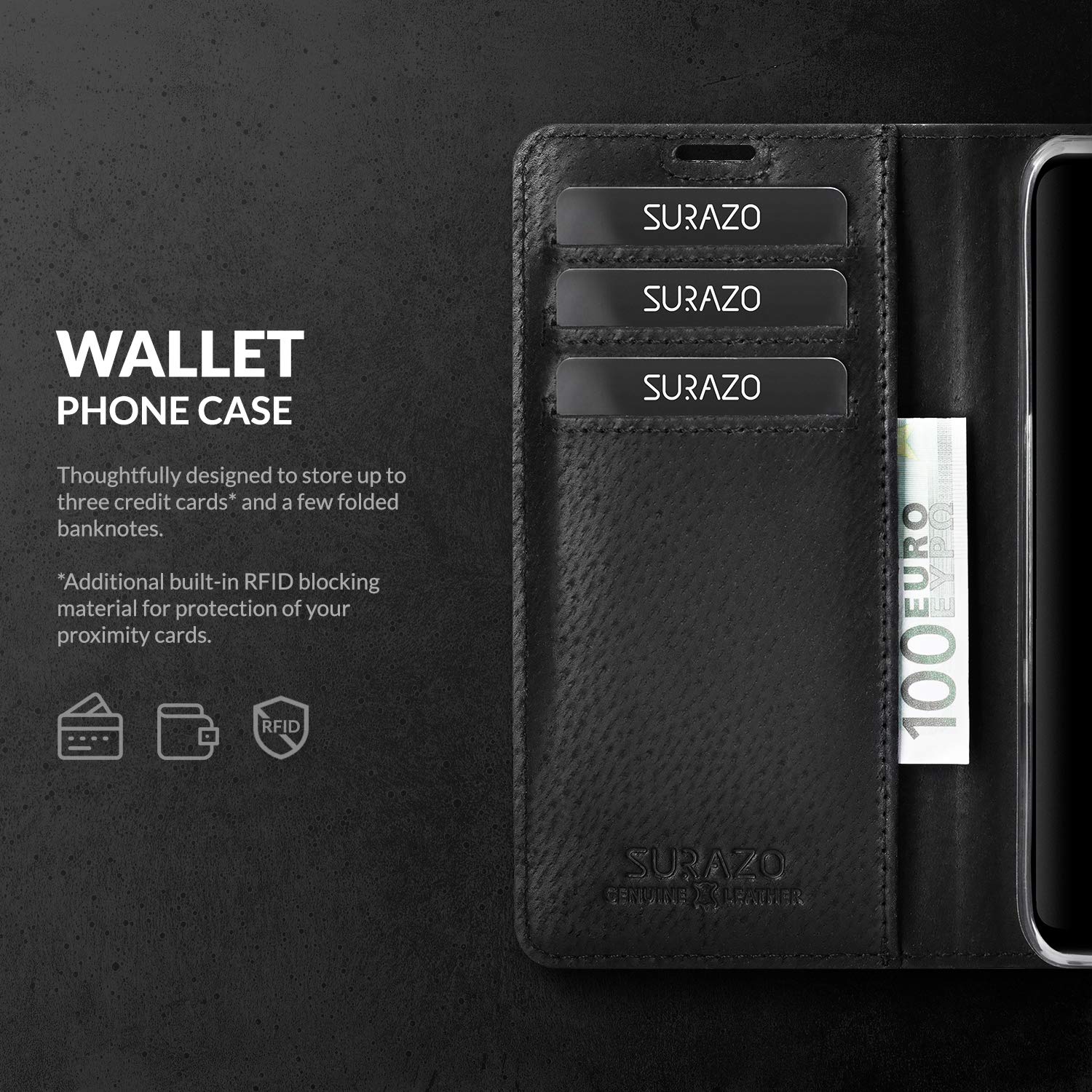 SURAZO Etui na telefon komórkowy Samsung S20 FE – etui ochronne z prawdziwej skóry premium z funkcją stojaka, przegródką na karty, ochroną RFID, czarne, składane etui z klapką, ręcznie wykonane do