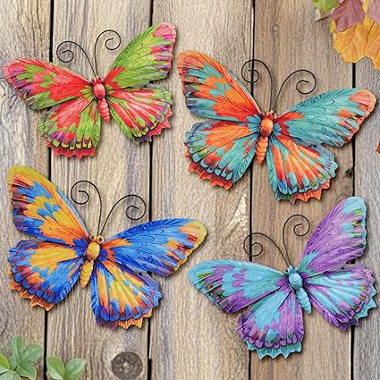 Junware 4 Pieces Metal Butterfly Wall Art Decor - 7.5" Outdoor Fence Wall Sculpture Decor, Hanging Decoration for Garden Yard Living Room Bedroom Patio Balcony, Nice Gift for Mom Friend