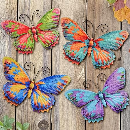 Junware 4 Pieces Metal Butterfly Wall Art Decor - 7.5" Outdoor Fence Wall Sculpture Decor, Hanging Decoration for Garden Yard Living Room Bedroom Patio Balcony, Nice Gift for Mom Friend