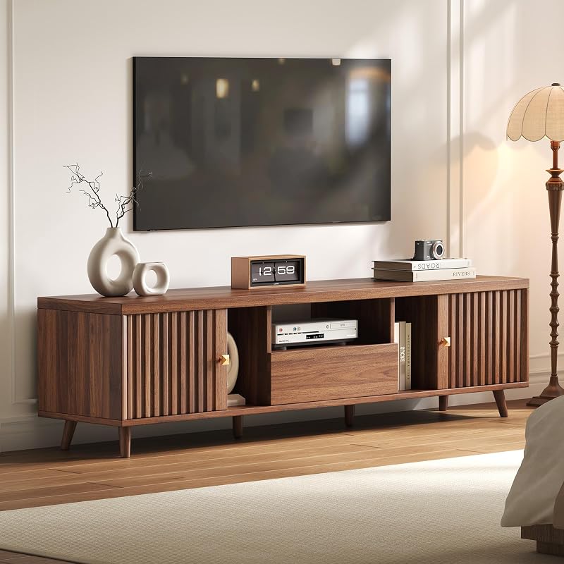 70" Mid Century Modern TV Stand with Power Outlet, Fluted Wood Entertainment Center Media Console with Storage, Doors and Open Shelves for TVs up to 80", Living Room, Walnut image 7