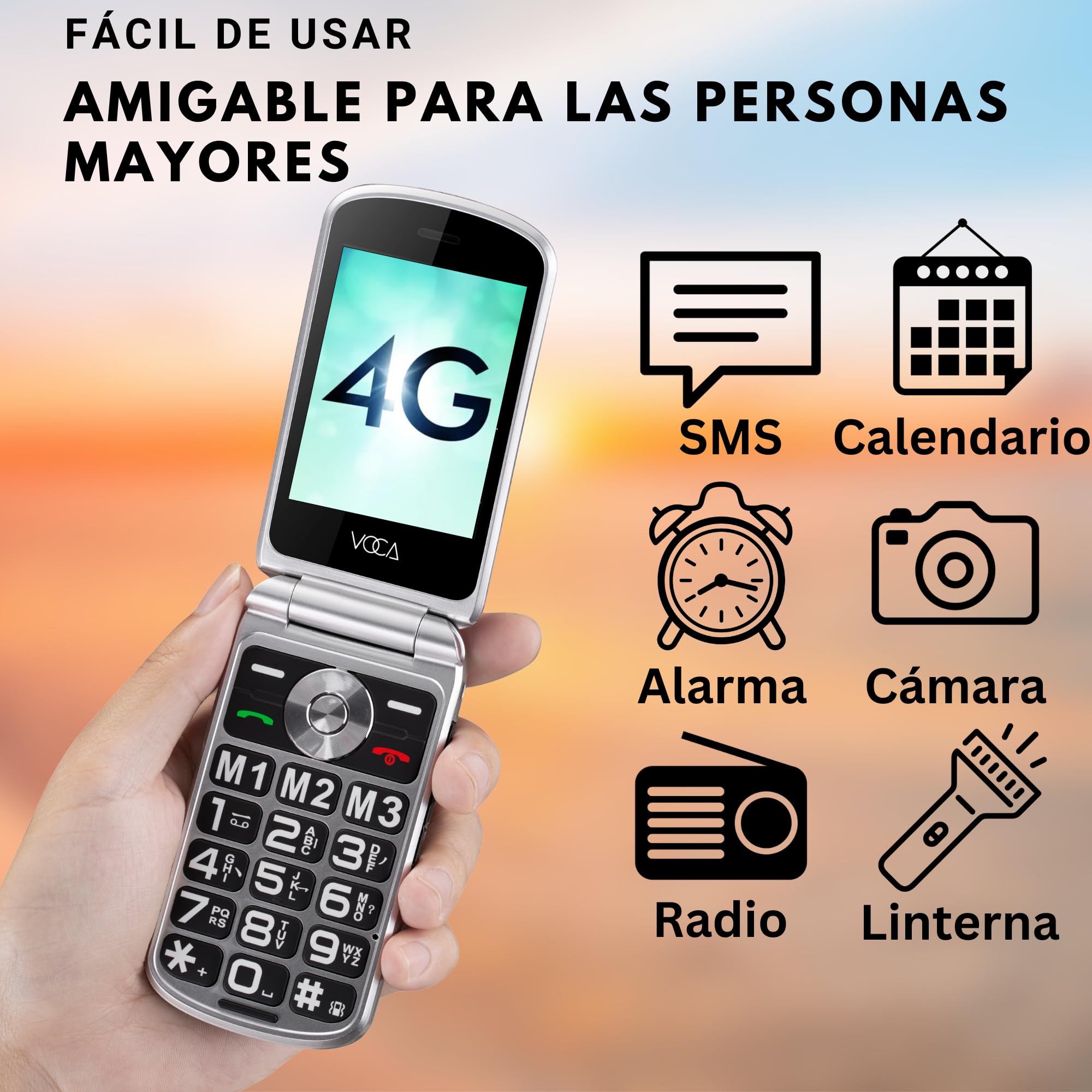 VOCA V543 Teléfono móvil de Tapa para Mayores, Botones y Teclas Grandes, Pantalla dual, 4G LTE, Volumen alto, Botón SOS | Compatibilidad con audífonos | Base de carga | Texto predictivo (Negro)