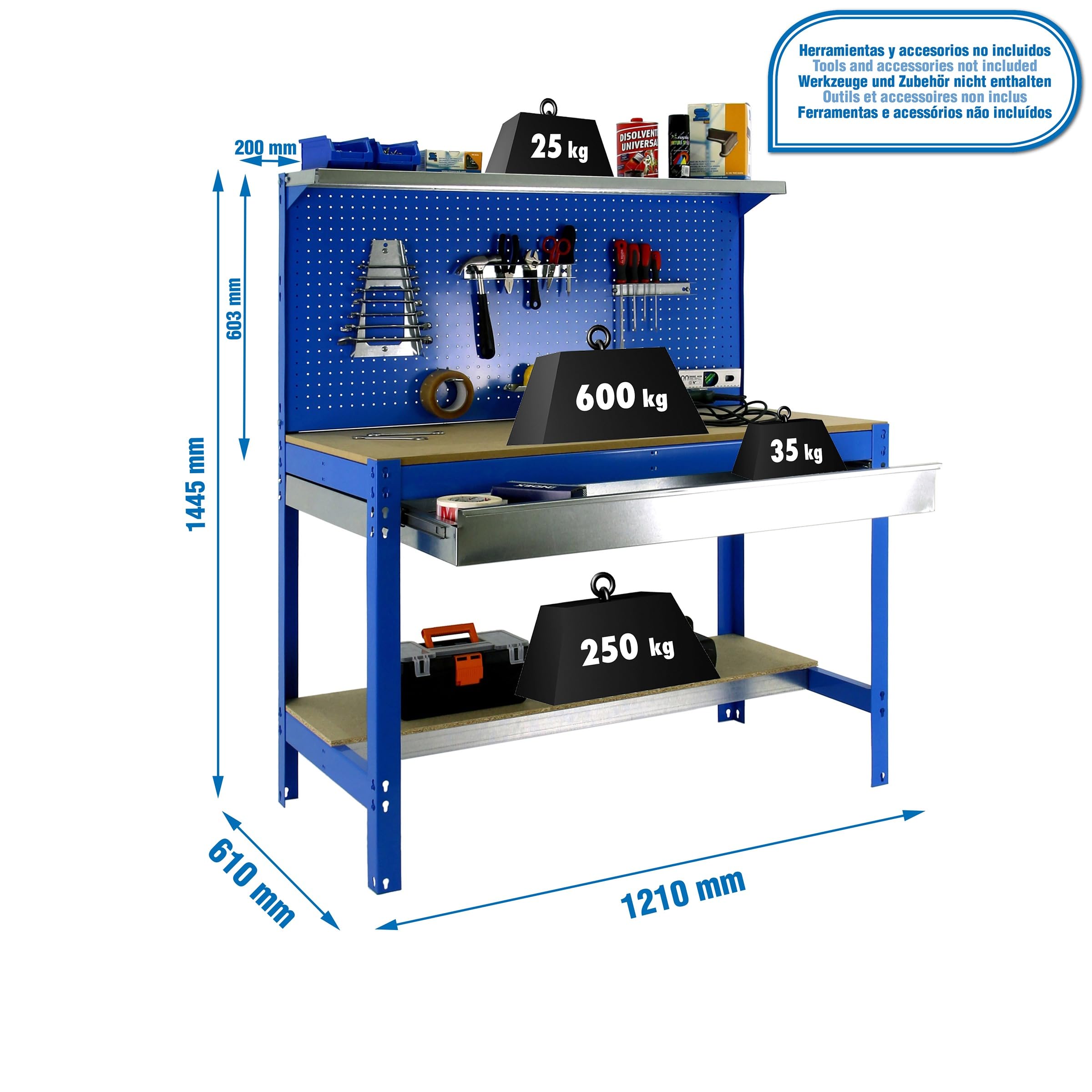 Simon Rack Banco da lavoro per officina, capacità di carico 600 kg, 1445x1210x610 mm, Pannello Forato, Ripiano per cassetti, Tavolo da lavoro fai da te, Blu/Legno - BT3