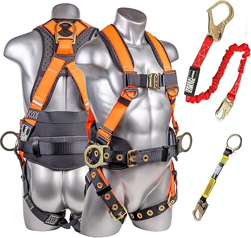 Palmer Safety Arnés de seguridad Hammerhead, soporte acolchado para la espalda, QCB, patas de ojales, cordón de seguridad de 6 pies con ganchos de
