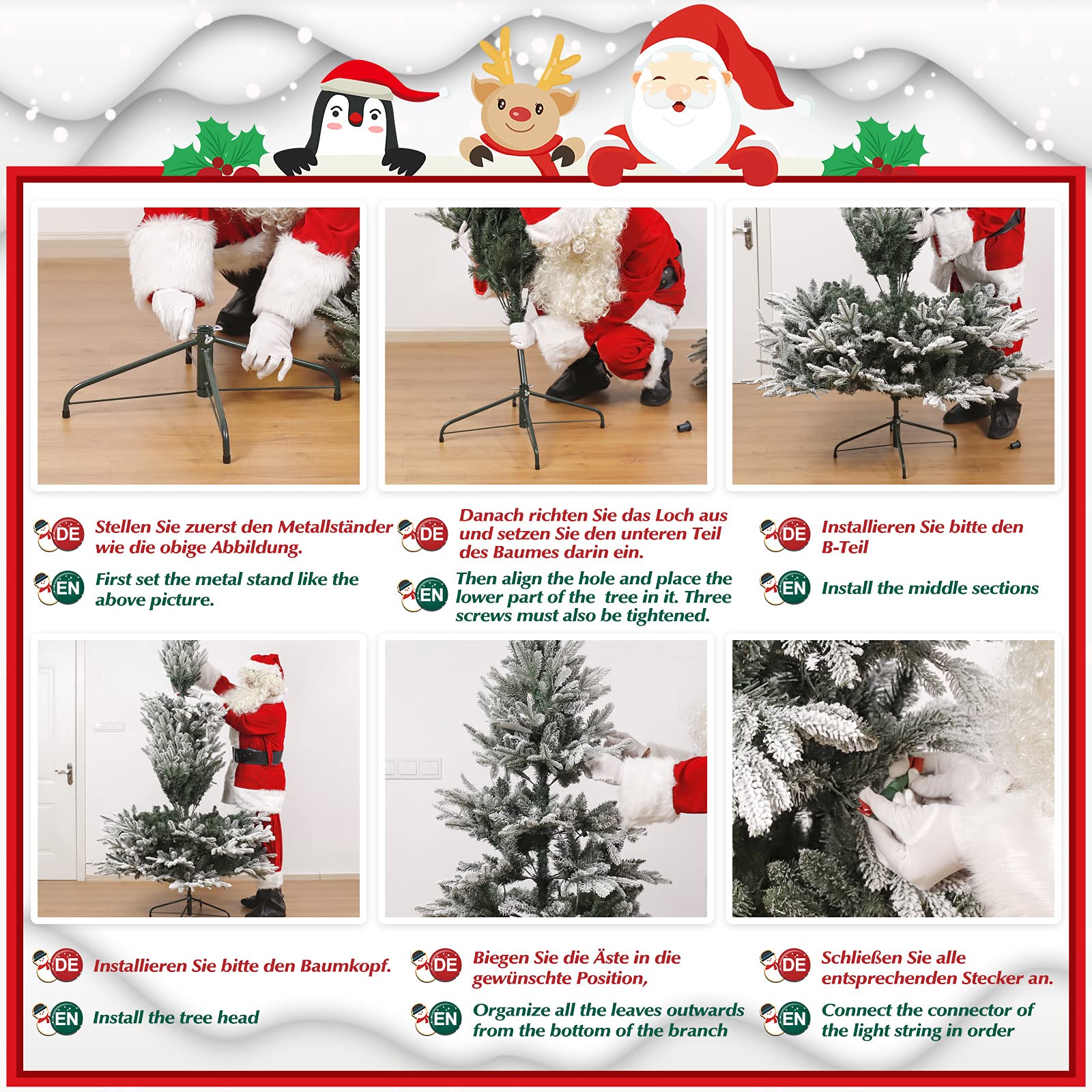 Yorbay Künstlicher Weihnachtsbaum mit Beleuchtung Schneeflocken: 210cm Hoch | Weiß Schnee LED Tannenbaum für Weihnachten Dekoration Wohnzimmer - Premium Weihnachtsbaum aus PE&PVC - Stabiler Metallständer