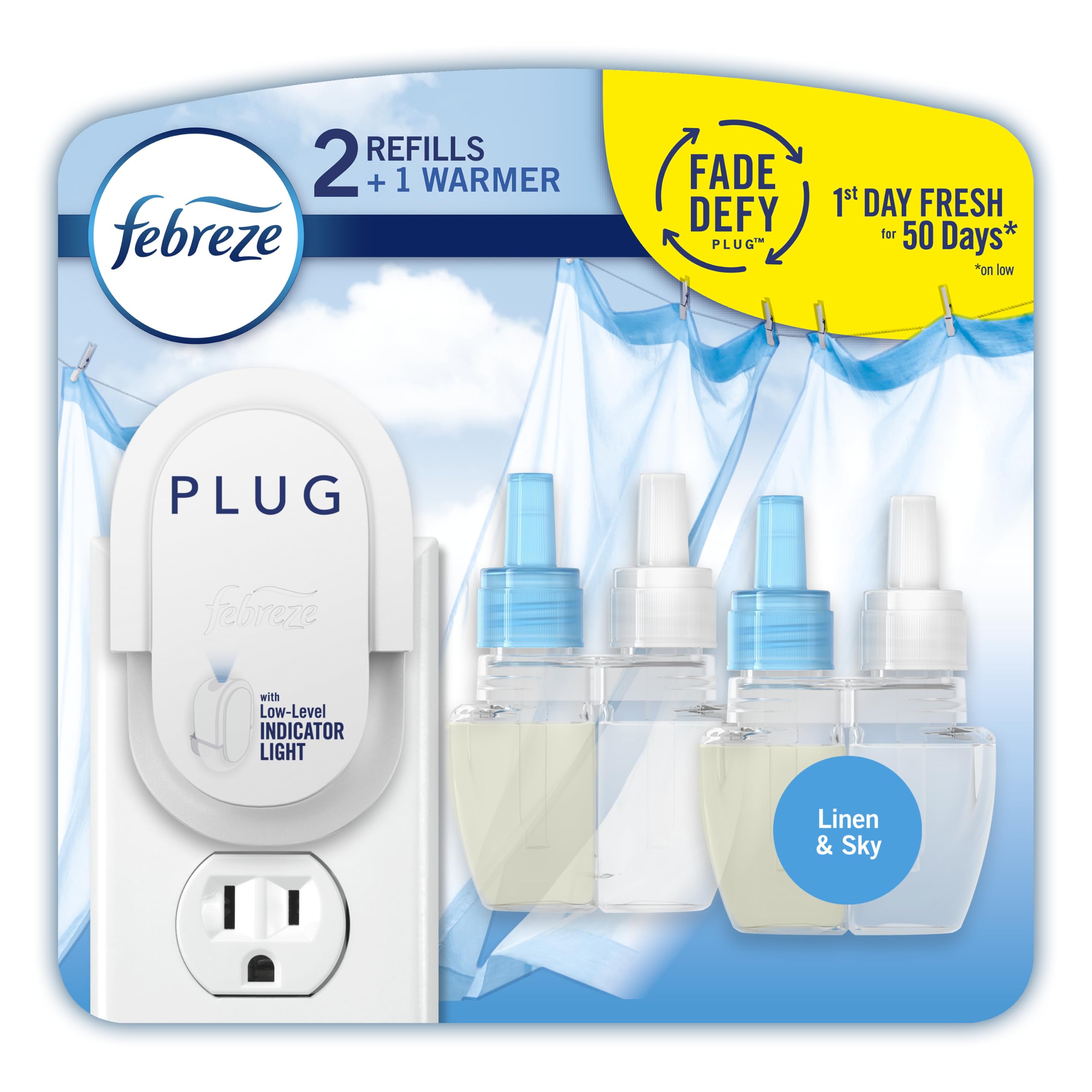 Febreze Plug In Air Freshener, Odor-Fighting Scented Oil Starter Kit, Air Fresheners for Home and Bathroom and Kitchen, Long Lasting for Strong Odors, Linen &amp; Sky Scent, Warmer + 2 Refill