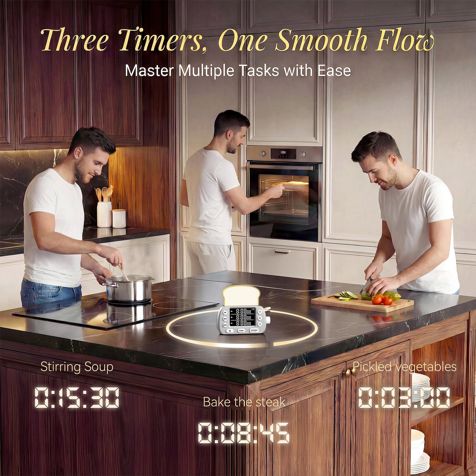 Temporizador digital de cocina para cocinar, temporizadores magnéticos de cuenta regresiva de 3 canales con memoria preestablecida para hornear, tostadora, huevos, incluye notas (plateado)