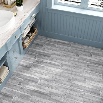 WESTICK Grey Peel and Stick Floor Tile Waterproof Bathroom Floor Tiles Sticker Self Adhesive Linoleum Vinyl Flooring for Camper Kitchen Bedroom Garge Removable Flooring Tile 20 PCS 6 x 36 in