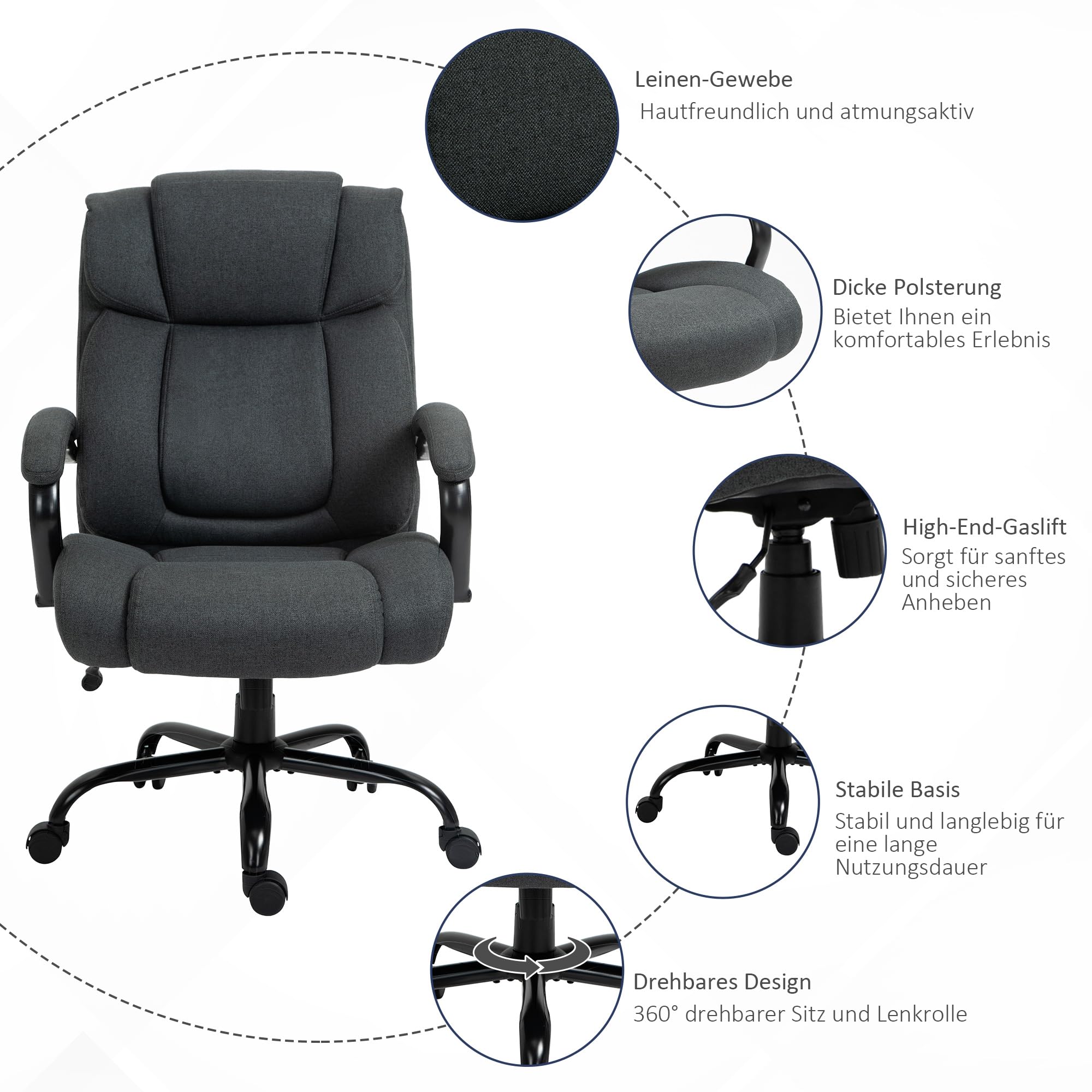 Vinsetto Bürostuhl, Ergonomischer Chefsessel bis 220 kg belastbar, Gepolsterter Schreibtischstuhl mit Armlehne, breit Sitz, Höhenverstellbarer Drehstuhl mit Wippfunktion, Leinenoptik, Dunkelgrau