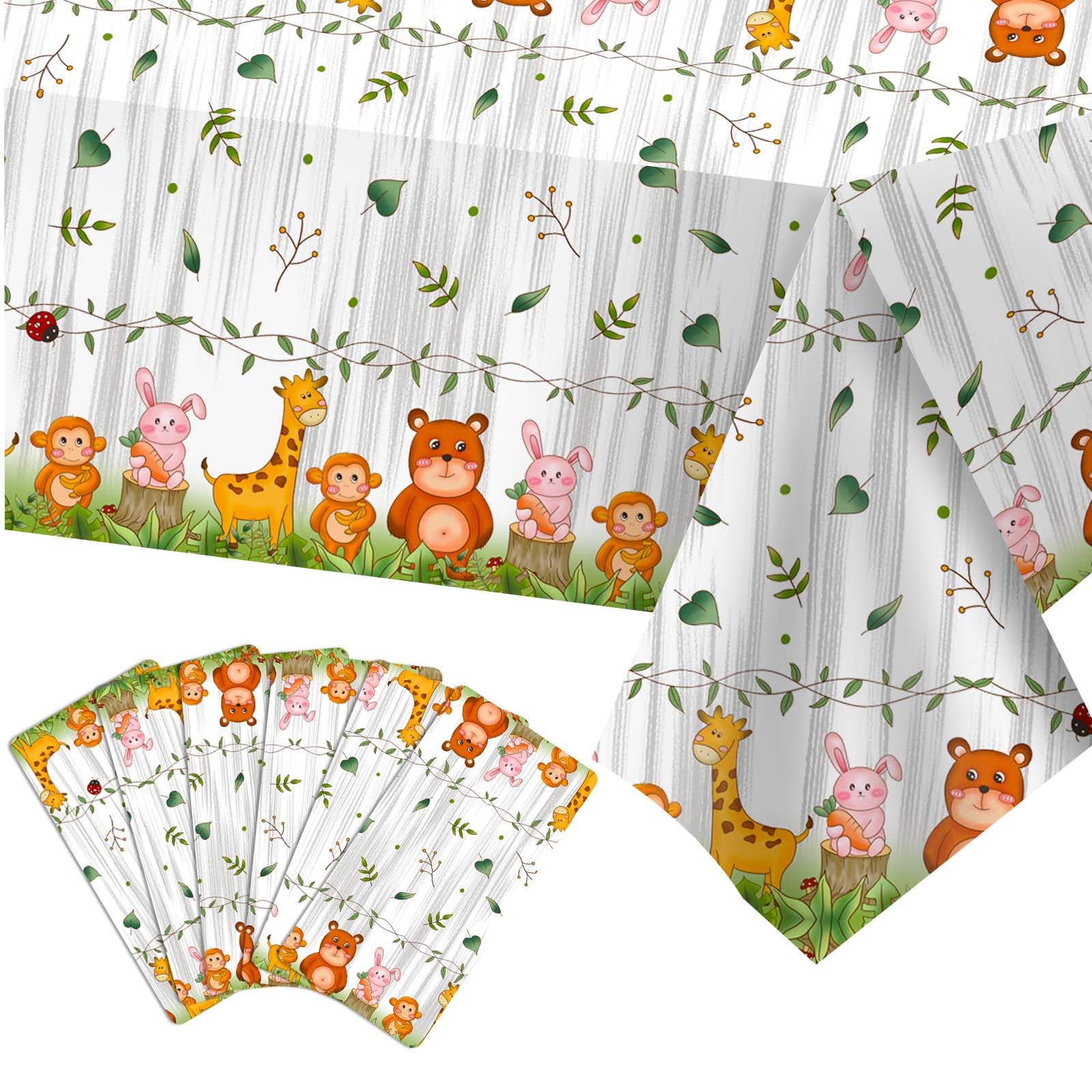 JueslyJuesly Woodland Baby Shower Decorations Tablecloth, 6-Pack, 108" x 54" - Forest Animal Themed Durable Rectangular Plastic Table Covers for Birthday Parties