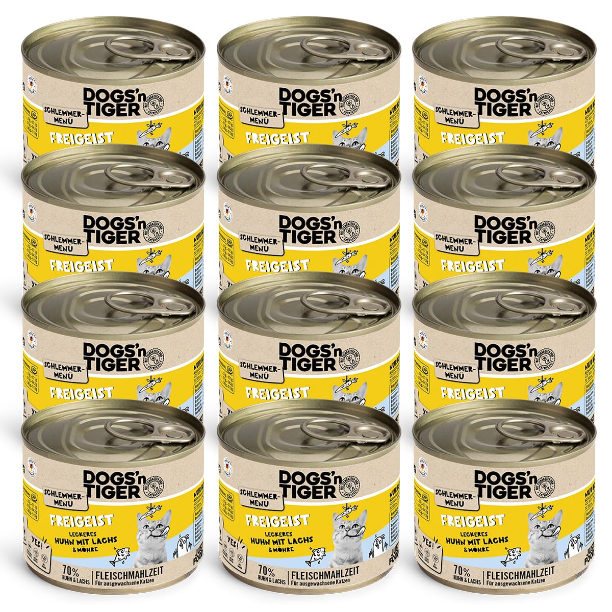 Dogs’n Tiger Adult, Katzenfutter, Freigeist, Katzennassfutter mit frischem vitaminreichen Gemüse, Huhn, Lachs - ohne Getreide, Zuckerzusatz, künstliche Konservierungsstoffe, 12x 200g