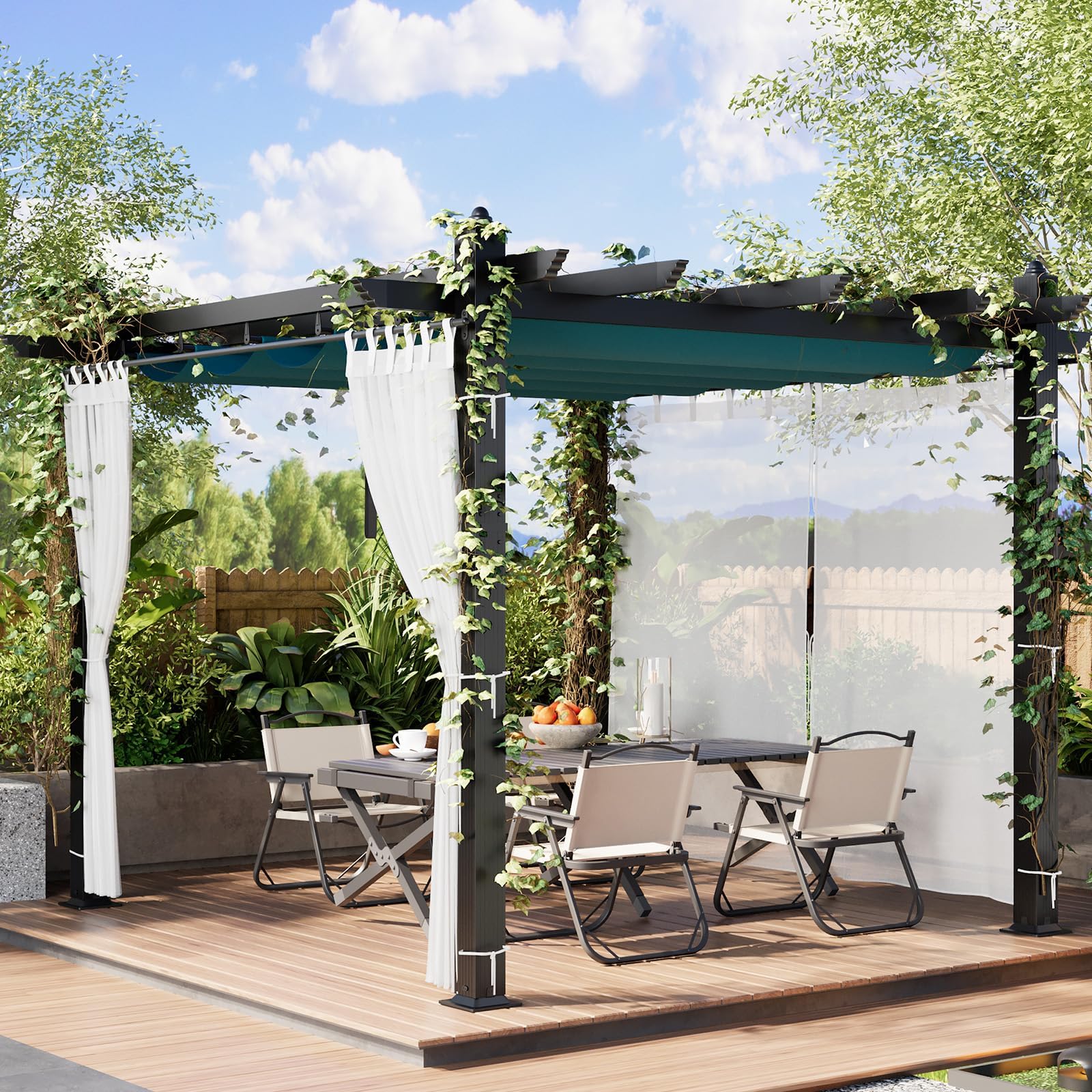 GarveeTech 10x10 ft Pergola Gazebo with Adjustable Canopy, Heavy-Duty Aluminum Sun Shelter with Faux Wood Finish for Outdoor Patio, Deck & Garden,