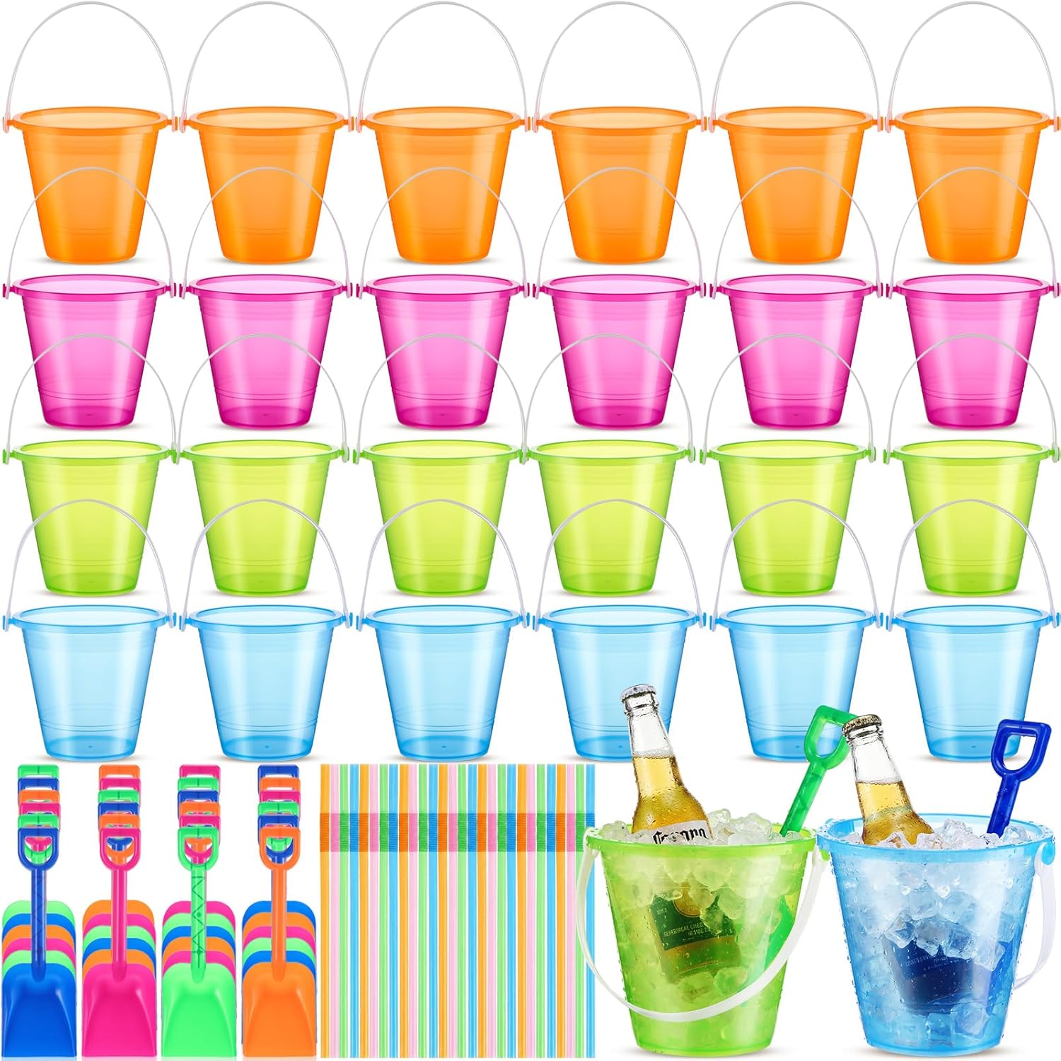 LemonRoad 12 Pack 34oz Large Beach Drink Buckets Bulk with Shovels Disposable Straws Plastic Neon Party Bucket Cups with Handles Reusable Rum Cocktail Buckets for Summer Holiday Birthday Party Favors