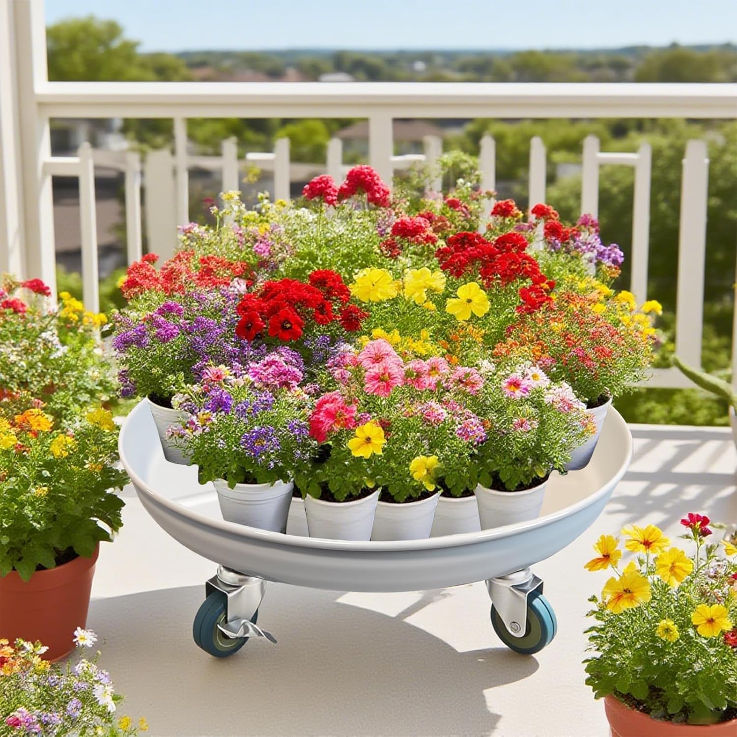 16 Inch Heavy Duty Plant Stand on Wheels, Round Plant Caddy with Wheels for Indoor & Outdoor Use, Metal Rolling Tray for Potted and Small Furniture (White 2Pcs)