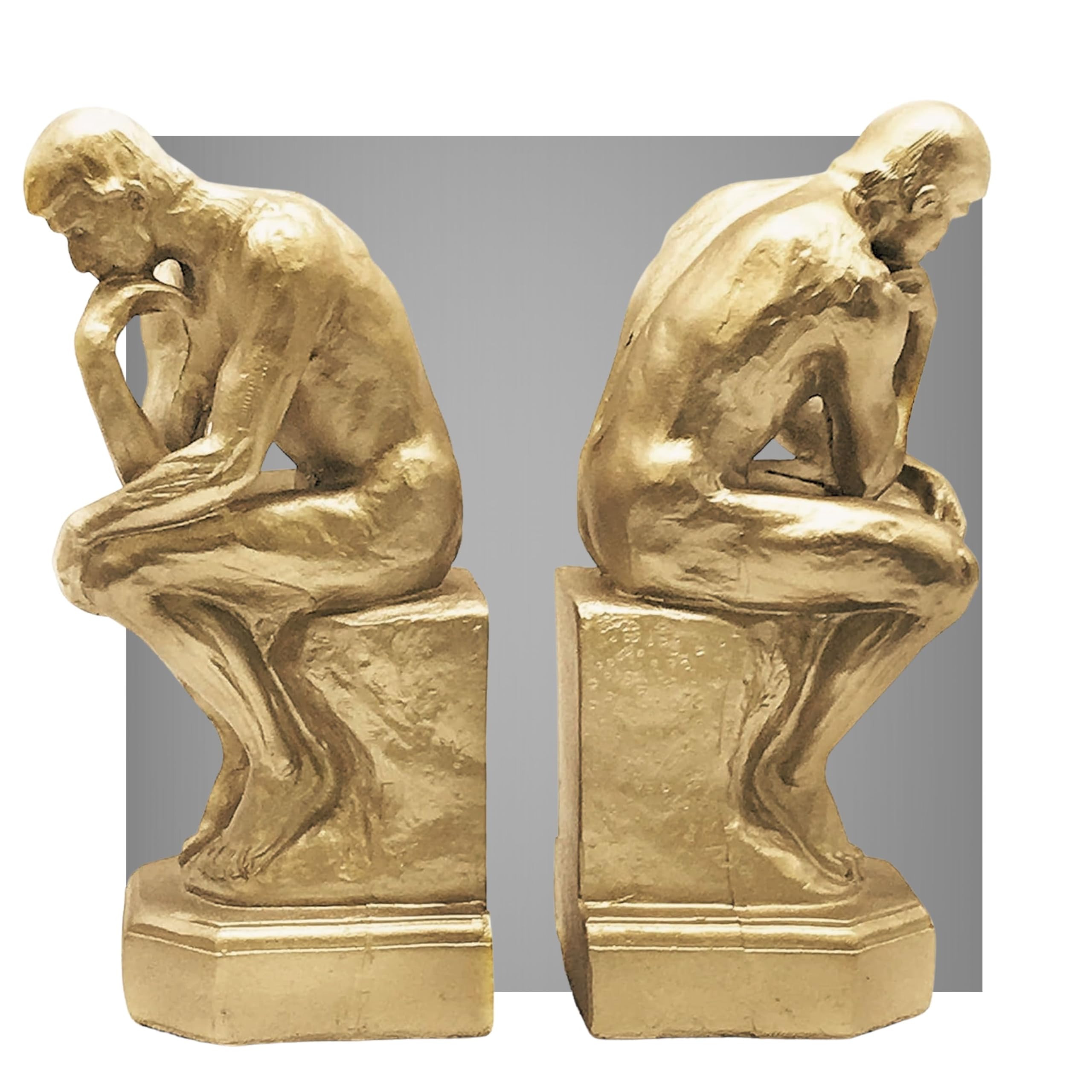 Bellaa 25594 Rodin Thinker Bookends Set of 2-9 Inch Golden Polyresin Auguste Statue Book Ends Heavy Duty Non-Skid