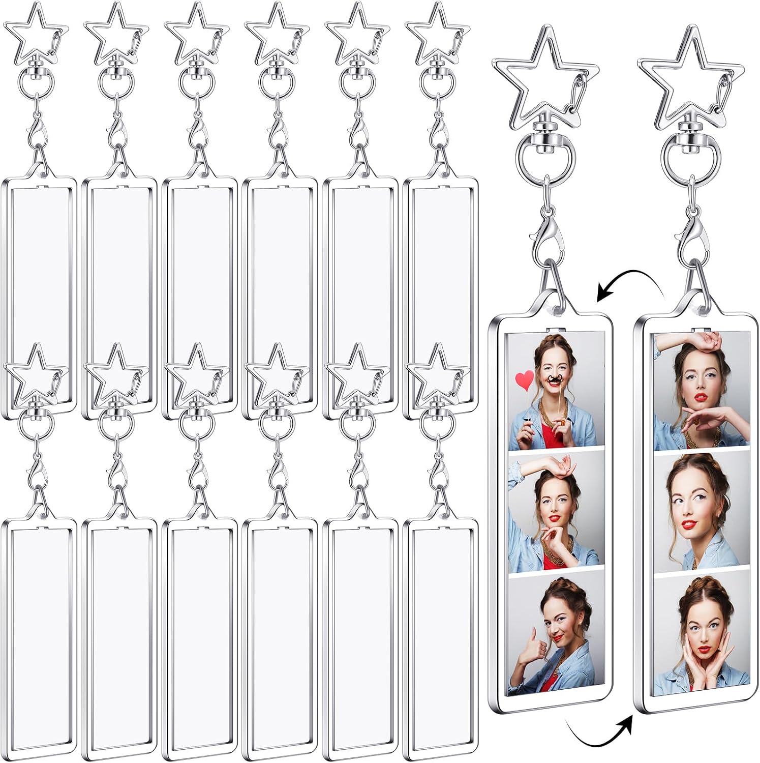 MTLEE 12 Pcs Mini Photo Strip Keychain Frame 1x3 Inch Acrylic Photo Booth Keychain Double Sided Keyring Blank DIY Custom Gift
