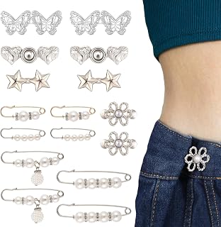 16 Sets Waist Tightener Buttons Pins for Loose Jeans, Reusable Pants Clips Adjustable Button Flower Pin Various Styles Pant Pins Jean Buttons for Pants to Tighten Waist Clothes Dresses Skirts