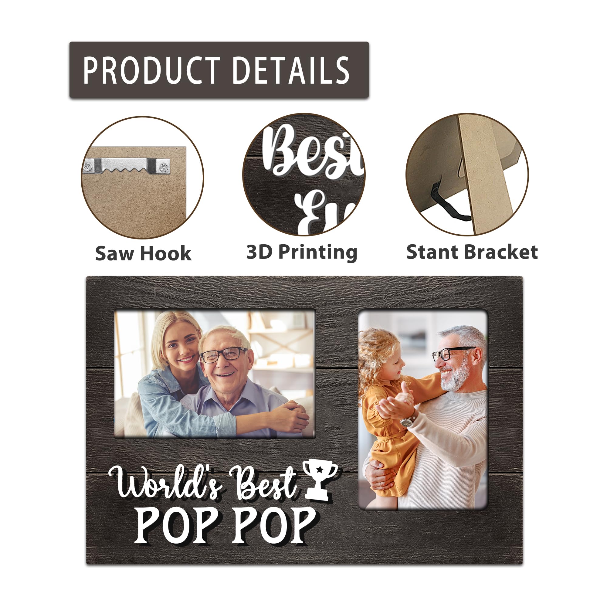 Christmas Pop Pop Gifts, Poppop Gifts from Grandson 3D Photo Frame Hold 4x6 Inches Two Photos, World's Best Pop Gift Gag Birthday Gift for Him from Granddaughter on Father's Day Grandparents Day