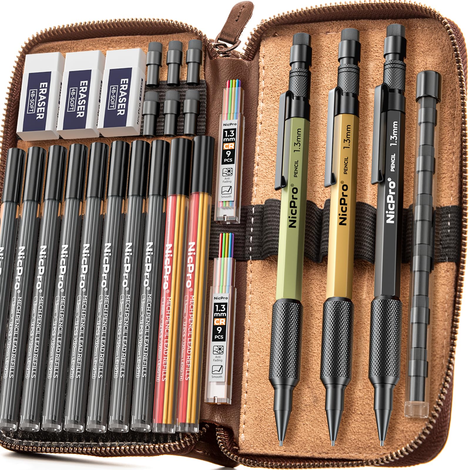Nicpro 21PCS 1.3 mm Mechanical Pencil Set in Leather Bag with 138 Lead Refill Black & Colors, Erasers- Weatherproof Metal Heavy Duty Carpenter Pencil for Outdoor Drafting Marking Drawing Woodworking